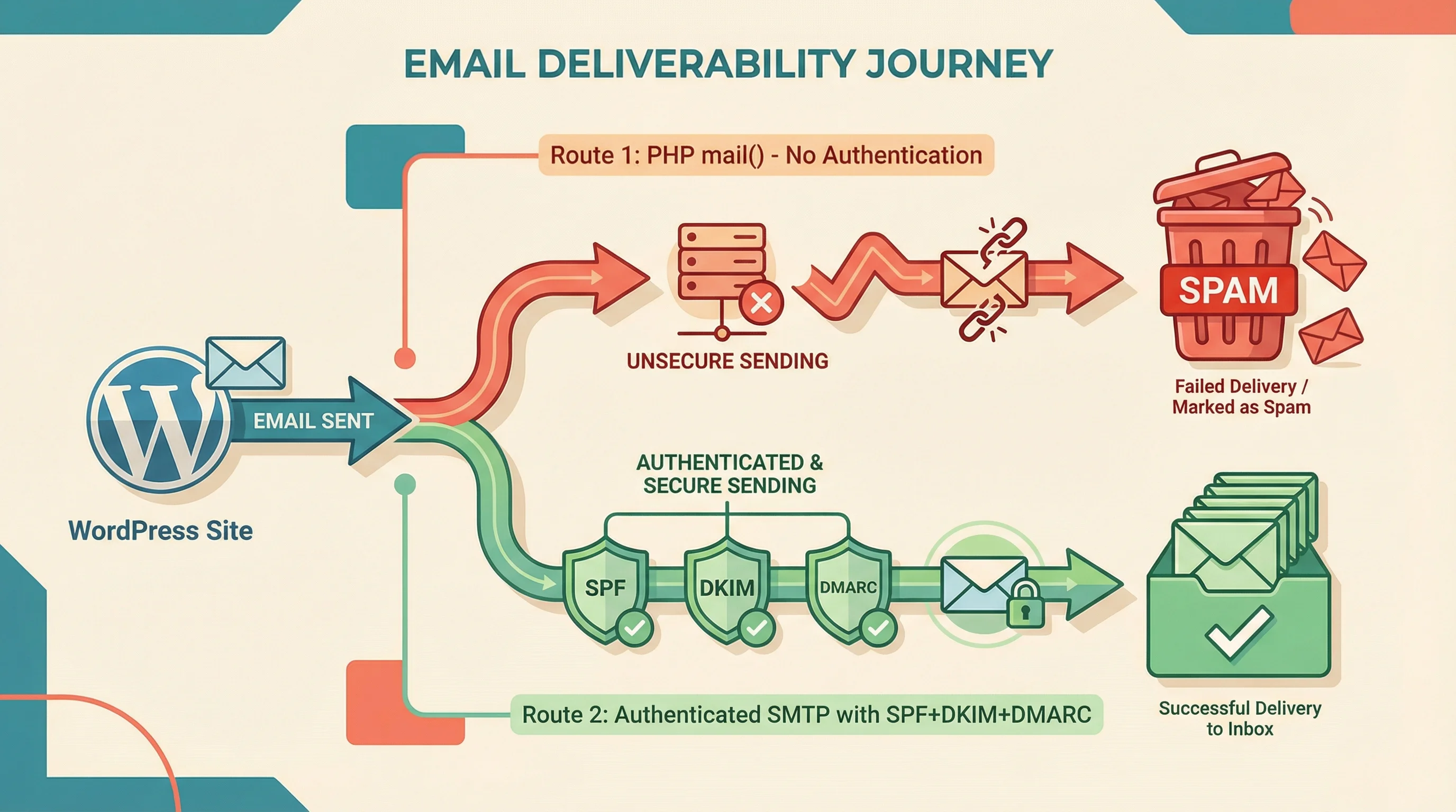 Illustration comparing two email paths: PHP mail without authentication going to spam, versus authenticated SMTP with SPF, DKIM, and DMARC reaching the inbox