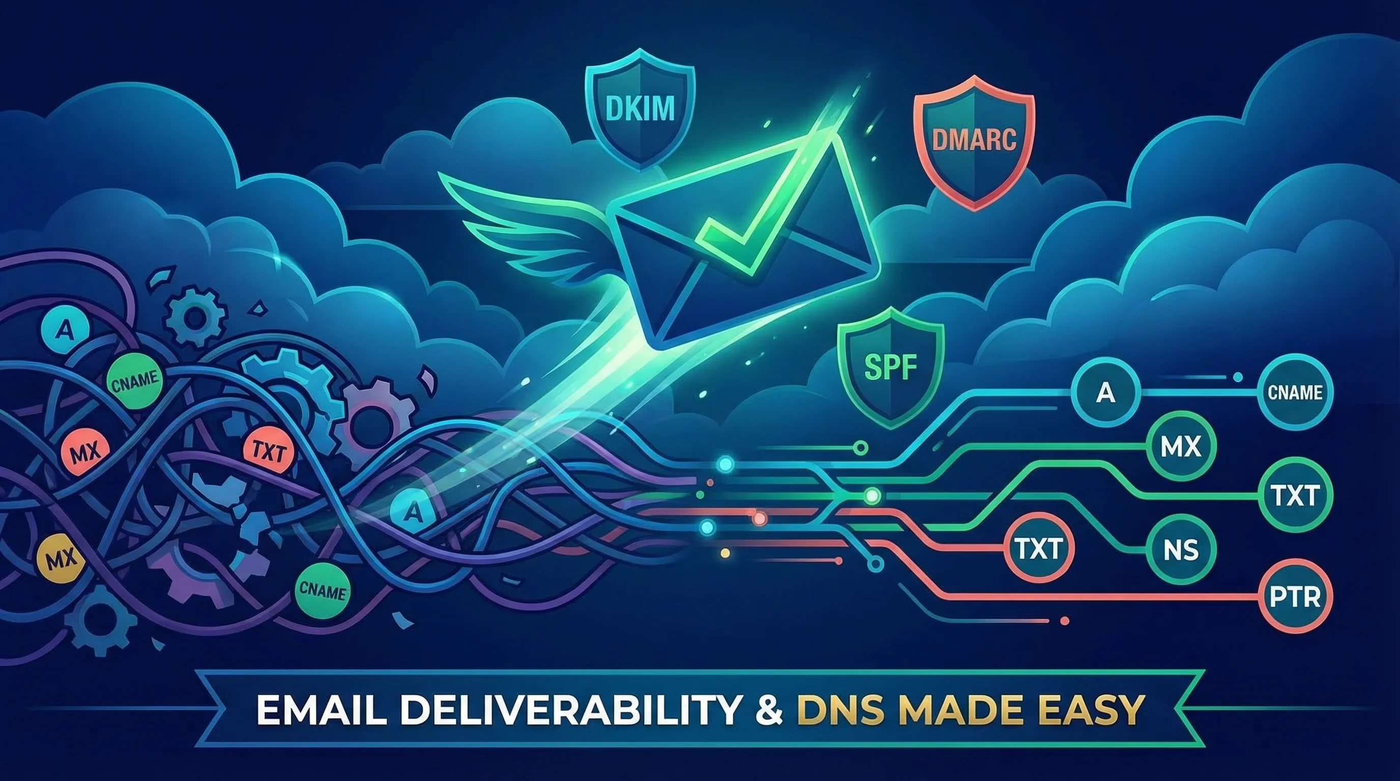 Vector illustration of email deliverability tools showing an envelope with a green checkmark, surrounded by DKIM, DMARC, SPF, and DNS record icons