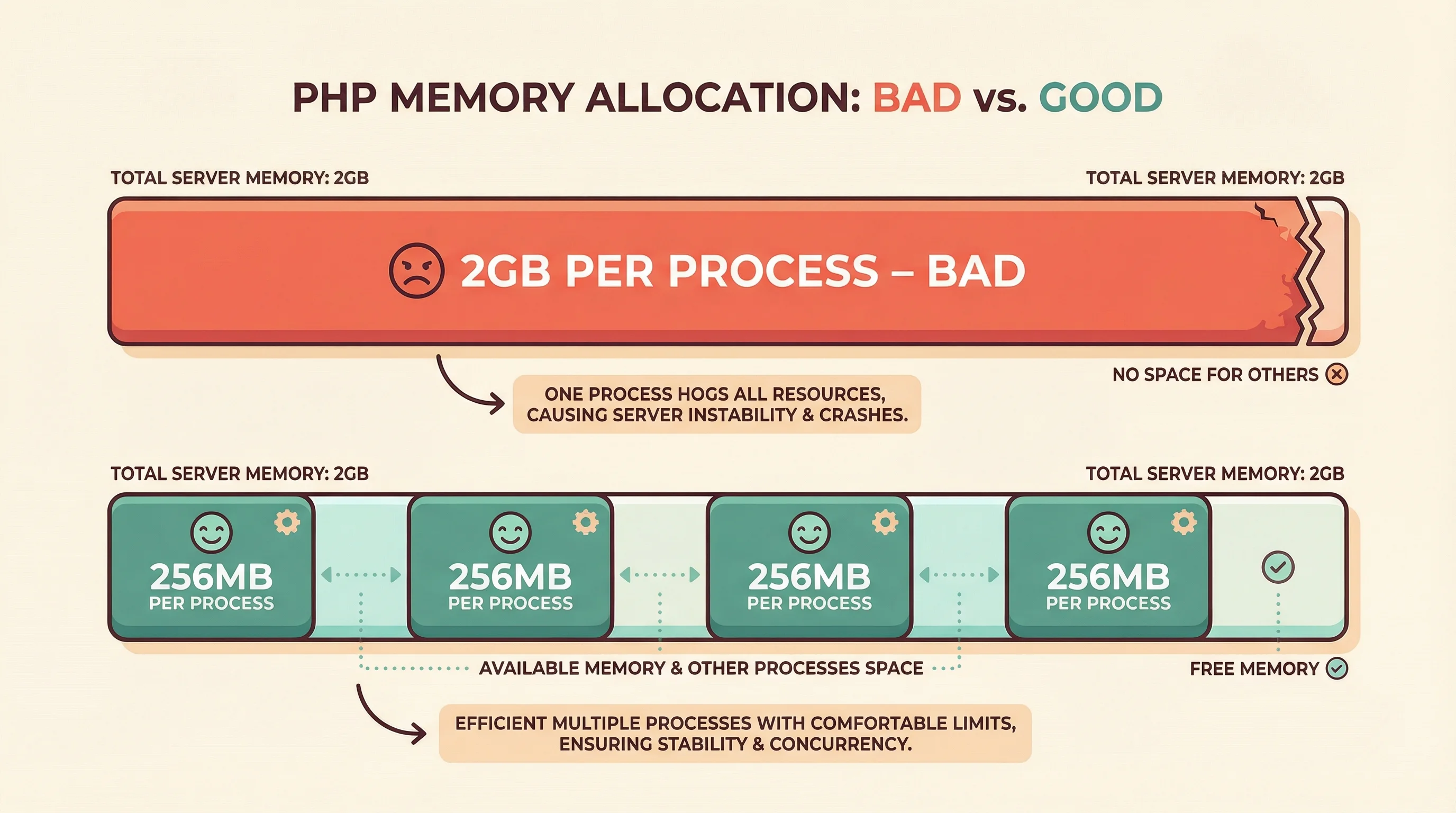 Illustration showing PHP memory limit as a ceiling: a runaway process at 2GB limit consuming all server memory versus the same runaway process being stopped at 256MB, leaving room for other requests