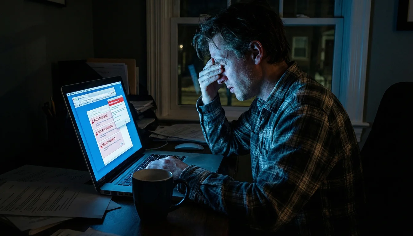Illustration of a small business owner at a desk looking overwhelmed by a screen showing multiple WordPress update notifications stacking up