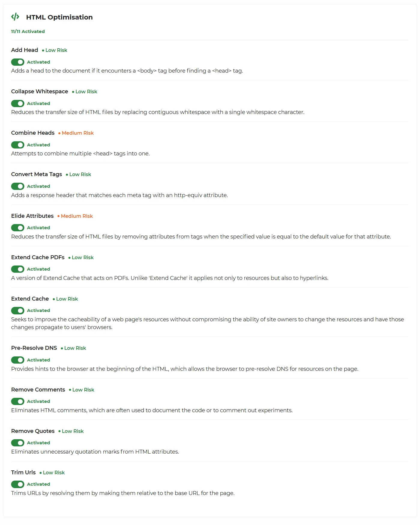 HTML Optimisation panel showing 11 toggles all activated: Add Head, Collapse Whitespace, Combine Heads, Convert Meta Tags, Elide Attributes, Extend Cache PDFs, Extend Cache, Pre-Resolve DNS, Remove Comments, Remove Quotes, Trim URLs.