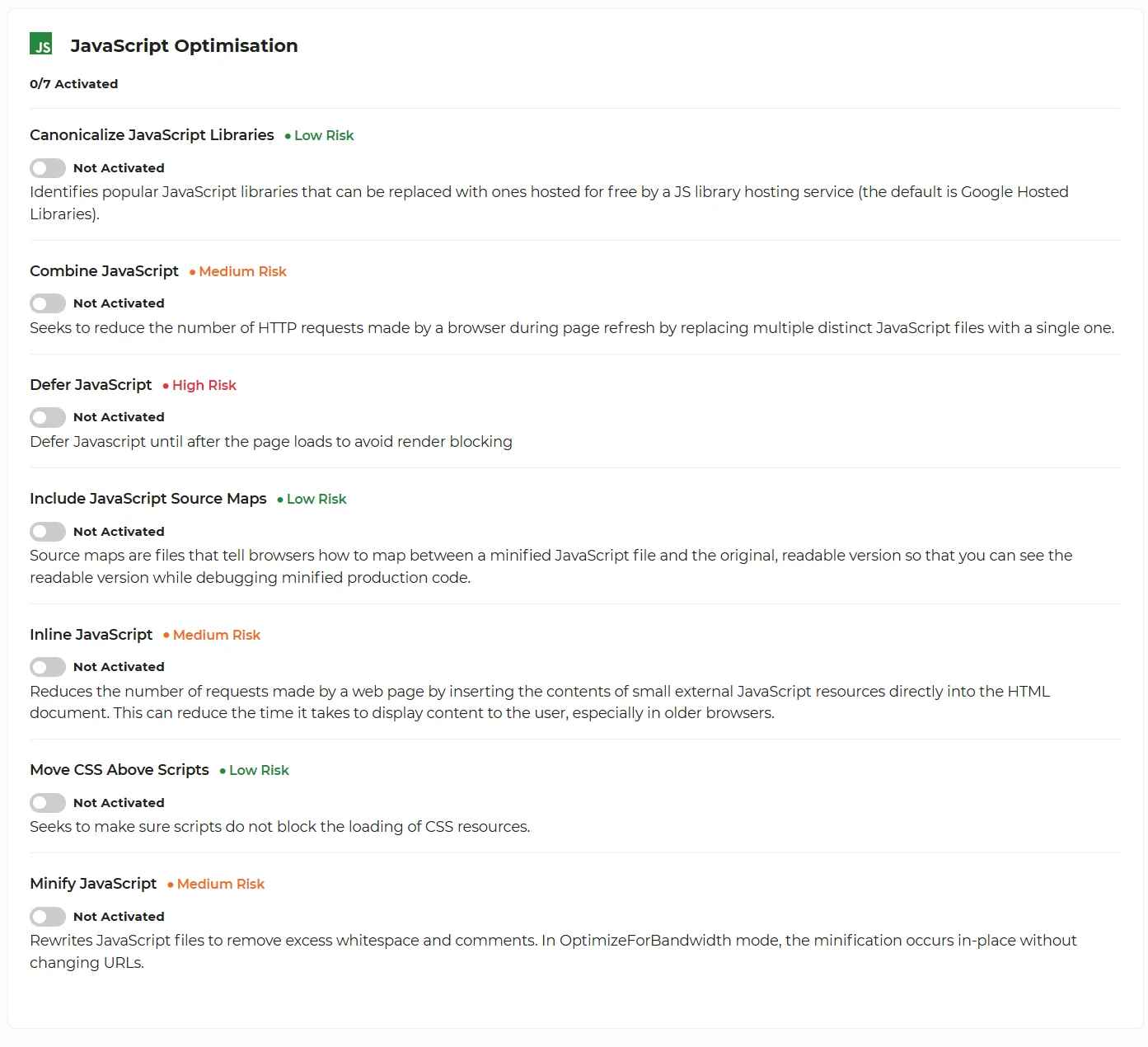 JavaScript Optimisation panel showing 0 of 7 toggles activated. All toggles are deactivated: Canonicalize JavaScript Libraries, Combine JavaScript, Defer JavaScript, Include JavaScript Source Maps, Inline JavaScript, Move CSS Above Scripts, Minify JavaScript.