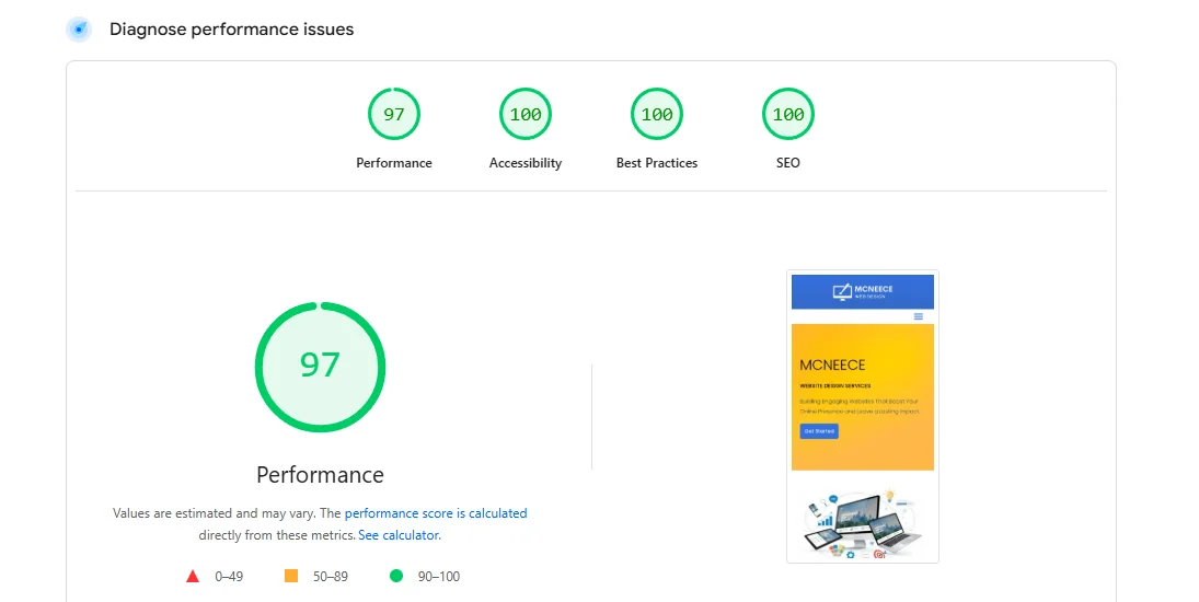 PageSpeed Insights mobile report for mcneece.com showing a 97 Performance score and 100 across Accessibility, Best Practices and SEO, with the four metric circles, the large Performance gauge, and a mobile site preview thumbnail visible.