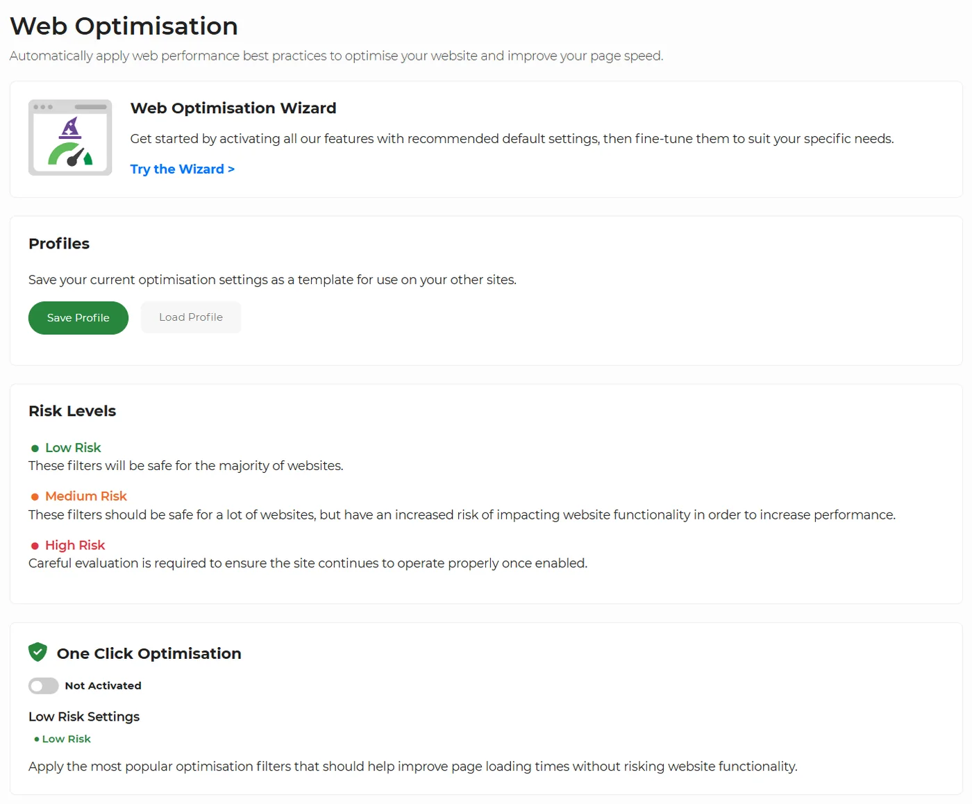 365i Web Optimisation panel showing the wizard, profiles, risk-graded toggles (Low Risk, Medium Risk, High Risk), and One Click Optimisation section.