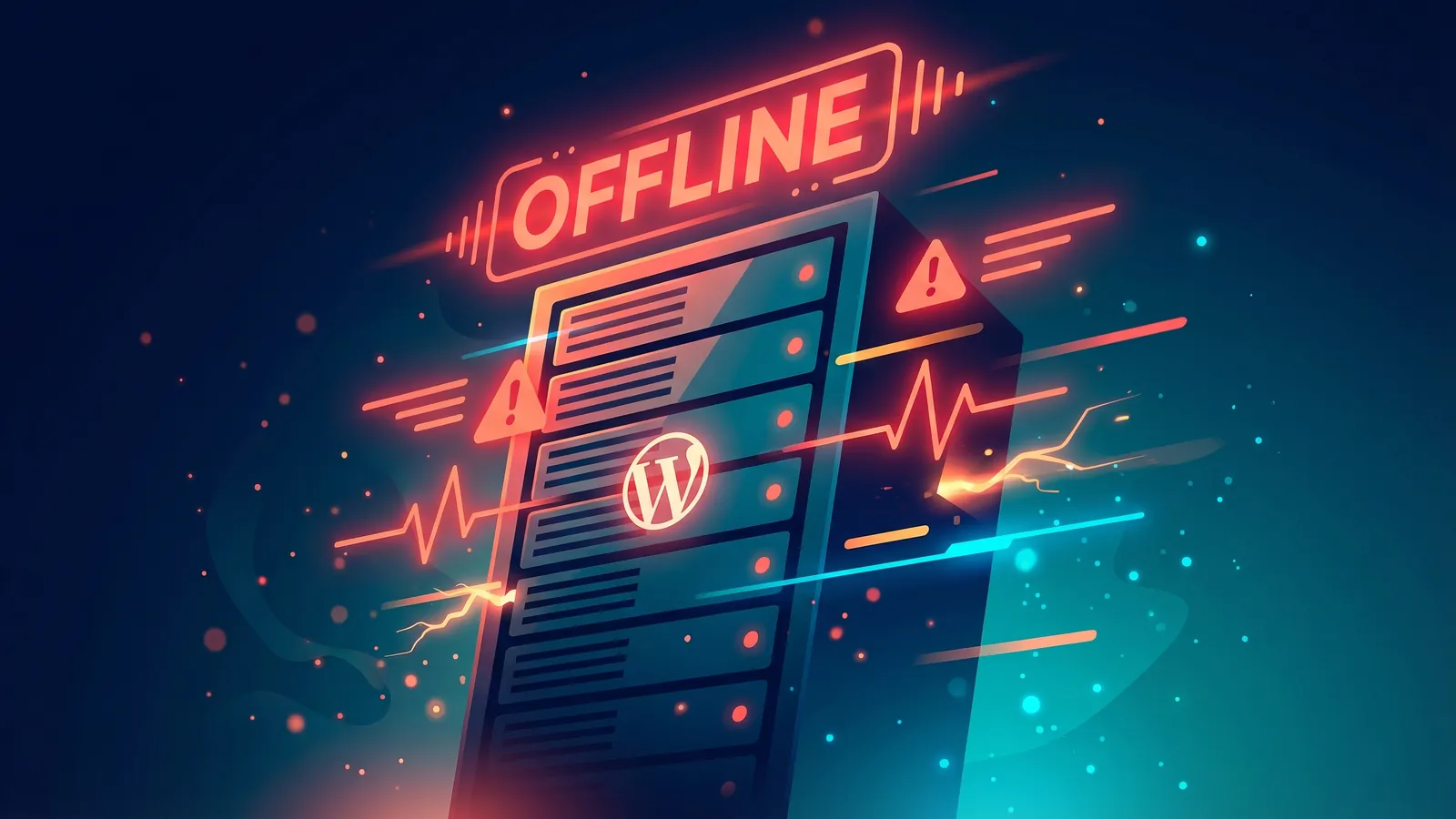A glowing stylised server rack with a bright coral OFFLINE indicator and pulse lines radiating outward