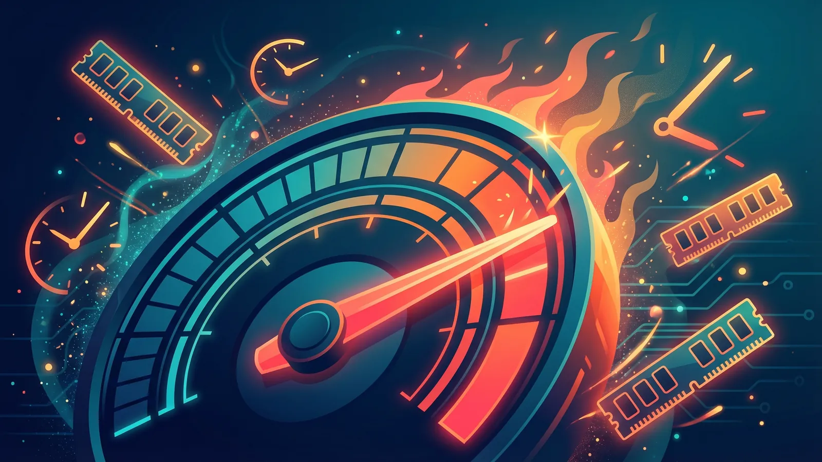 A stylised speedometer gauge pushed all the way into the red, with floating RAM sticks and clock icons and heat rising from the gauge