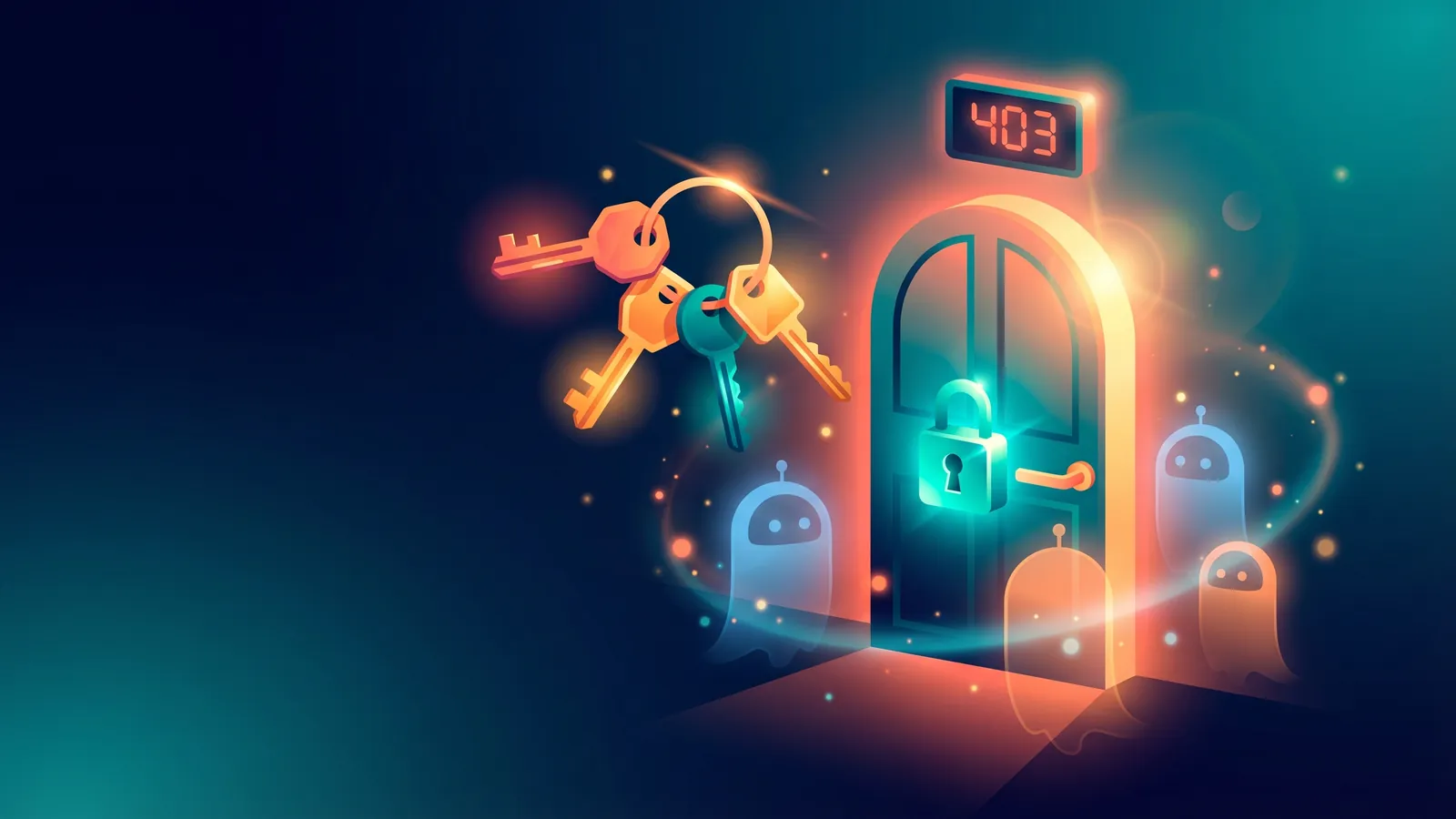 A glowing locked door with a bright keyring of colourful keys floating nearby and a 403 sign above, with ghost bot silhouettes around