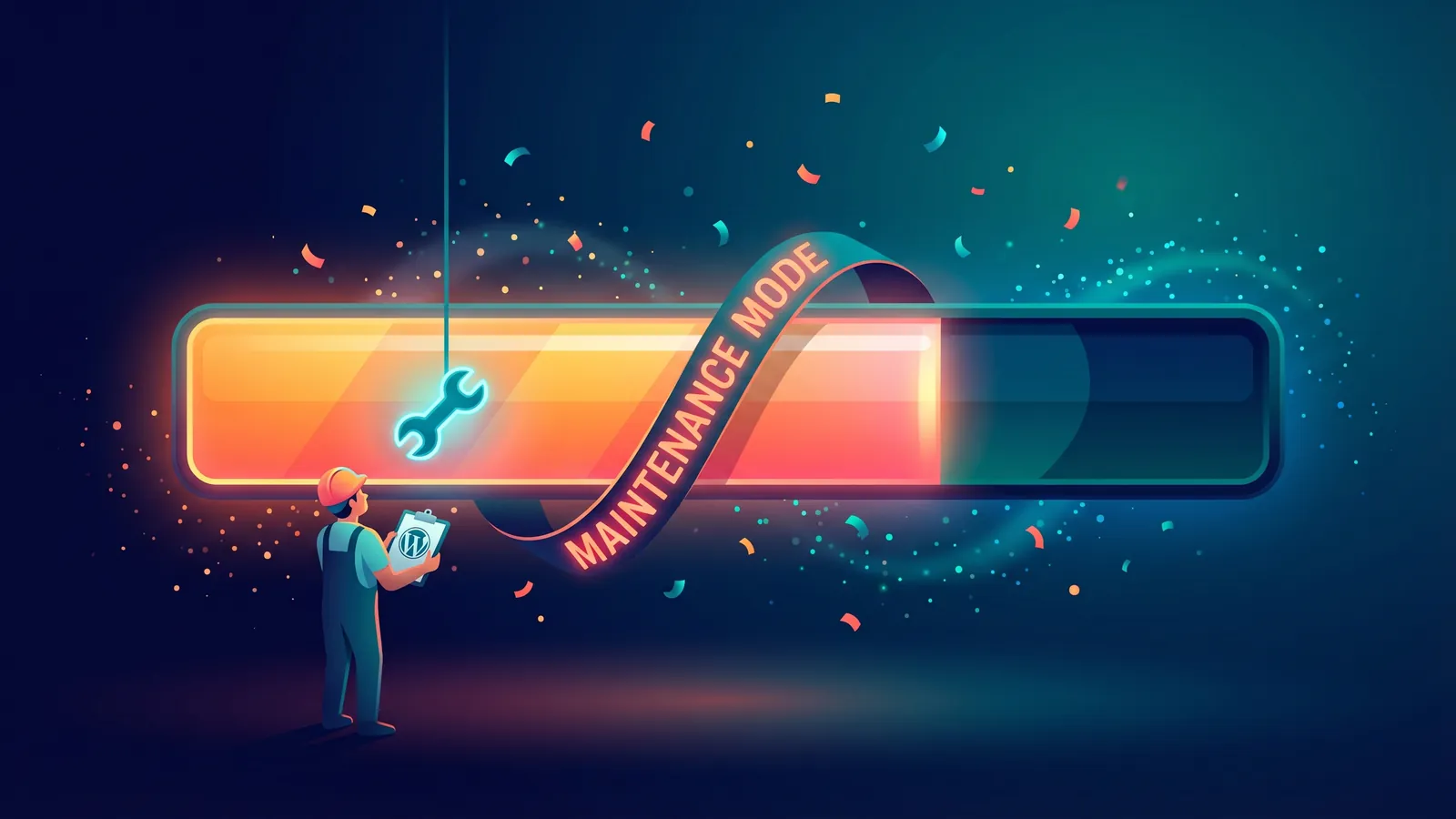 A glowing progress bar frozen around 70 per cent with a maintenance ribbon and a small worker figure holding a WordPress clipboard