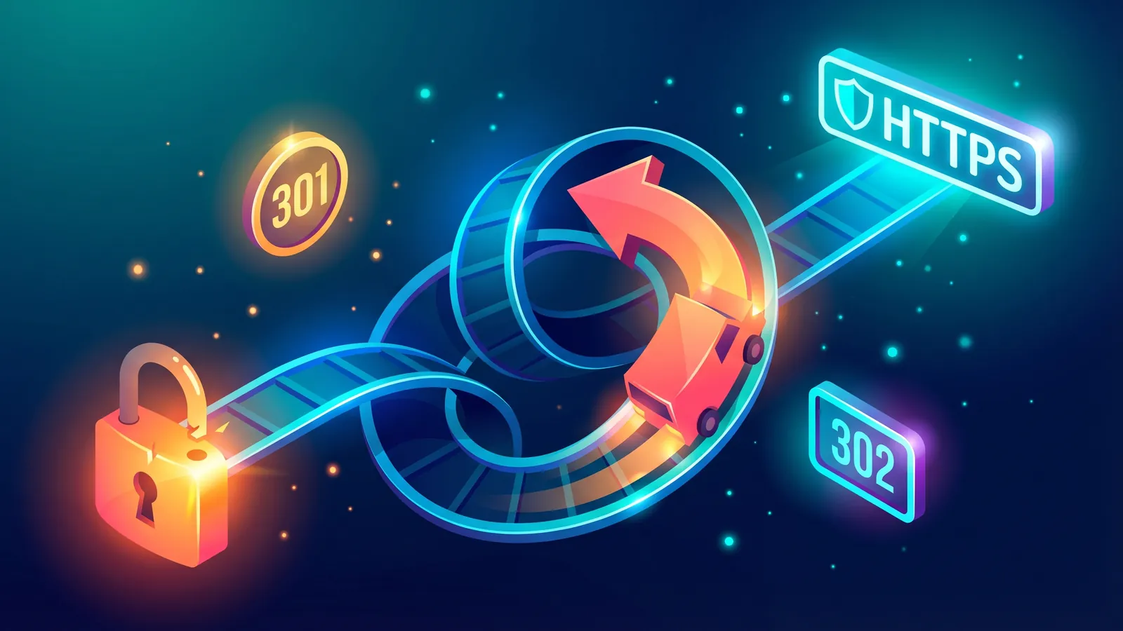 A stylised twisted URL path shaped like a Mobius loop, with a bright coral arrow car stuck in the loop, a broken padlock and HTTPS sign