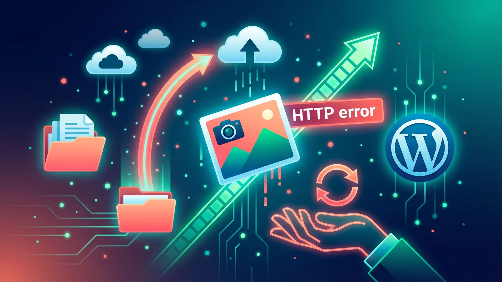 A stylised photo icon stuck halfway through an upload arc with a red HTTP error banner, cloud icons and file folders around it