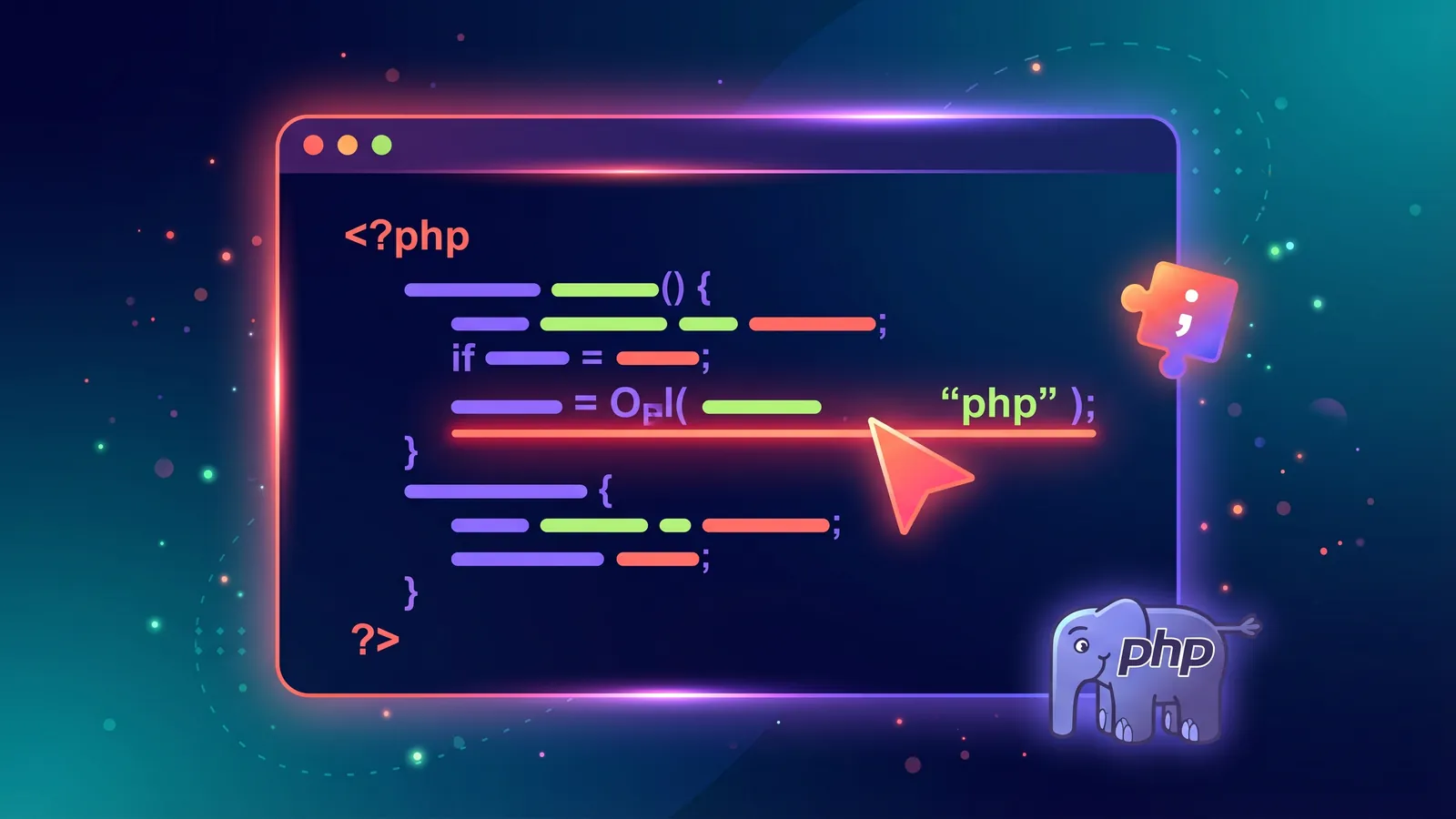 A glowing code editor window showing lines of stylised PHP with one line highlighted coral red, a PHP elephant icon in the corner and a floating puzzle piece