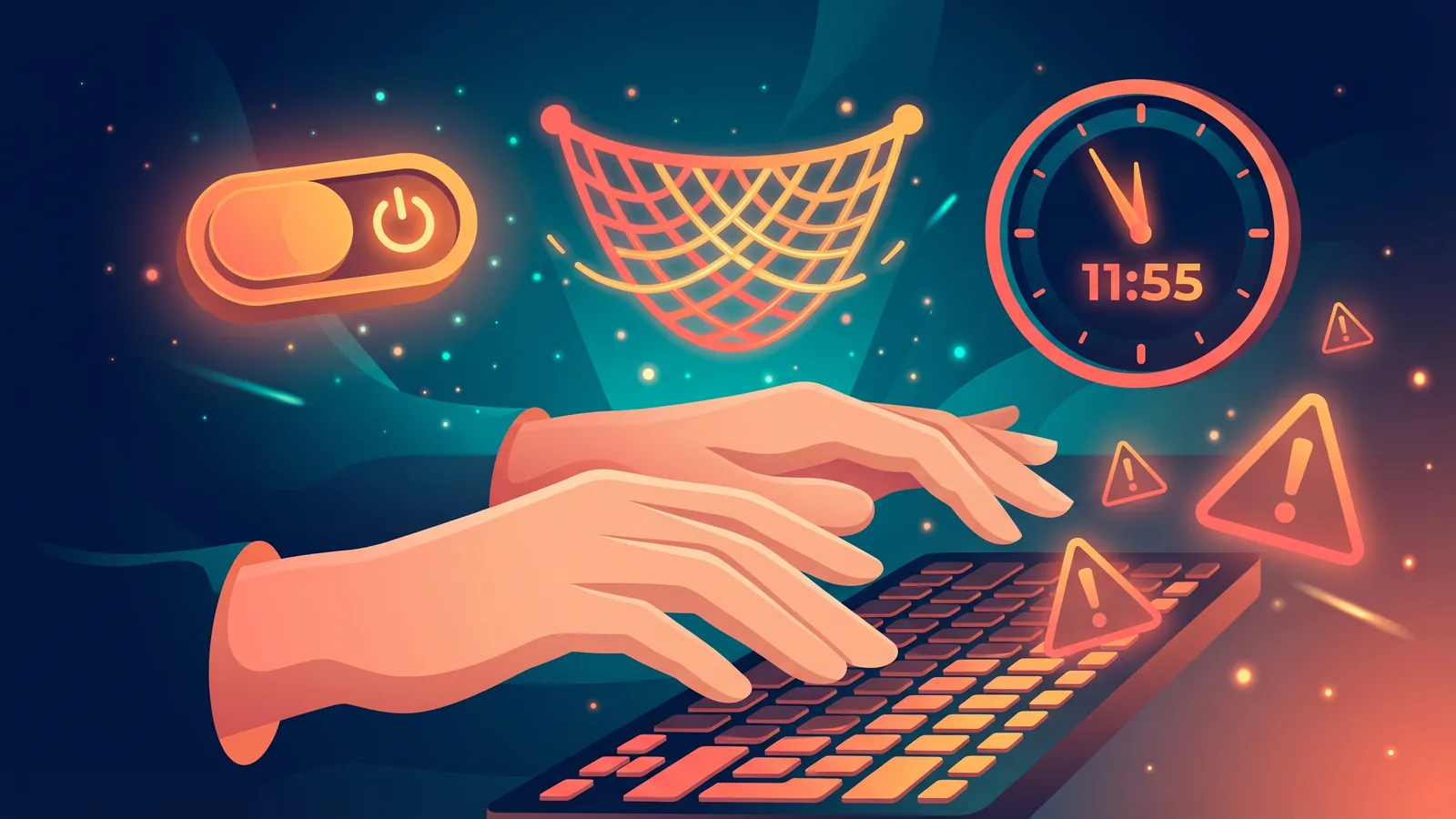 Hands at a keyboard with a glowing backup toggle, safety net, and a clock showing just before midnight, warning triangles drifting away