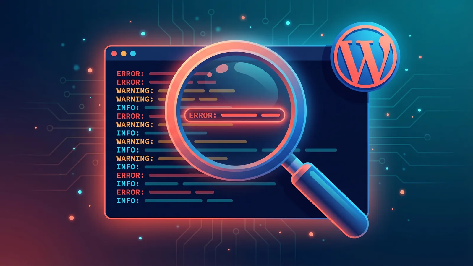 A bright magnifying glass hovering over a dark terminal window full of glowing coloured log lines, focused on one red error line