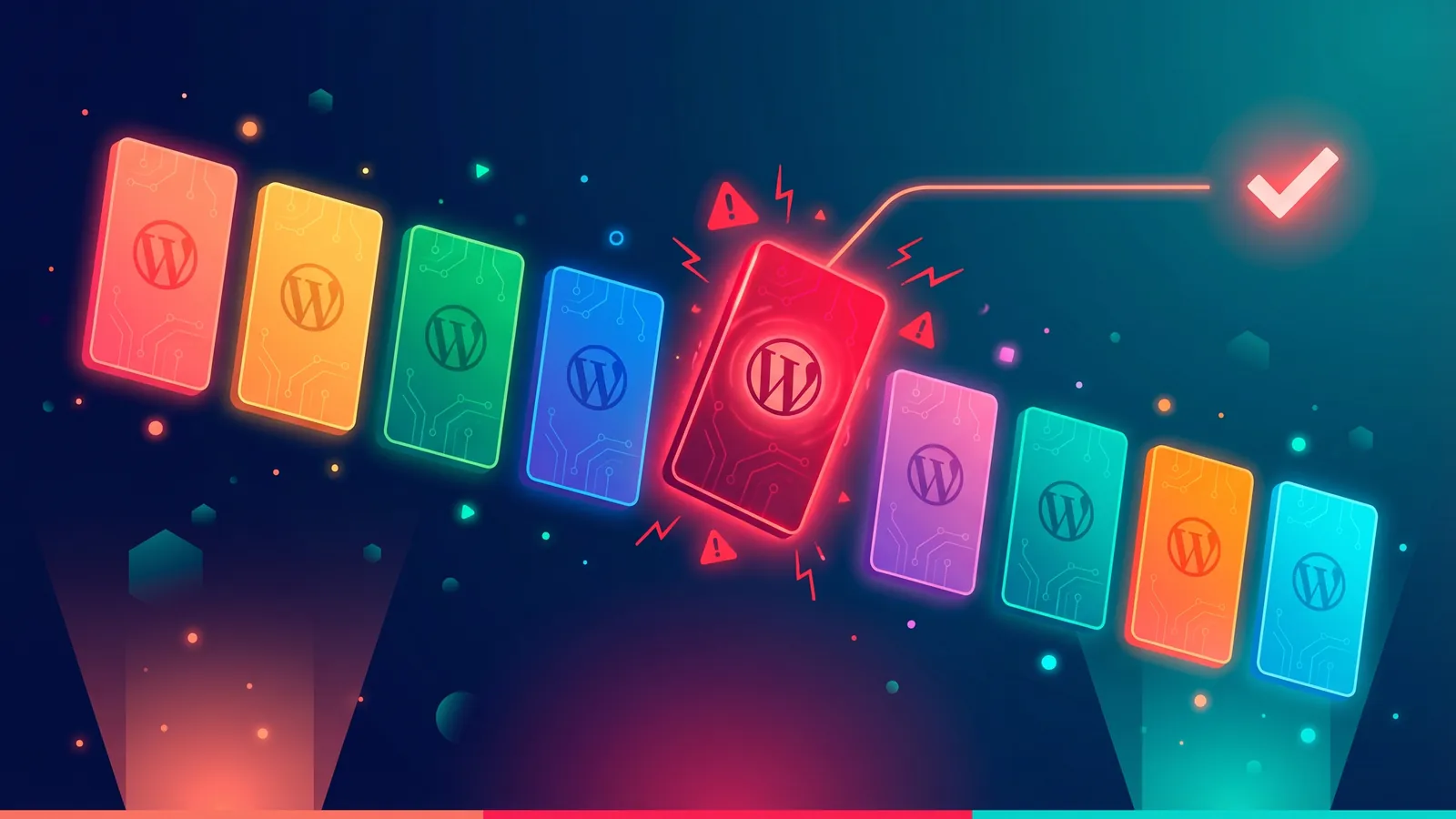 A row of nine colourful WordPress plugin cards lined up like dominoes, with one red card tilted and marked as the culprit, a checkmark arrow on the right