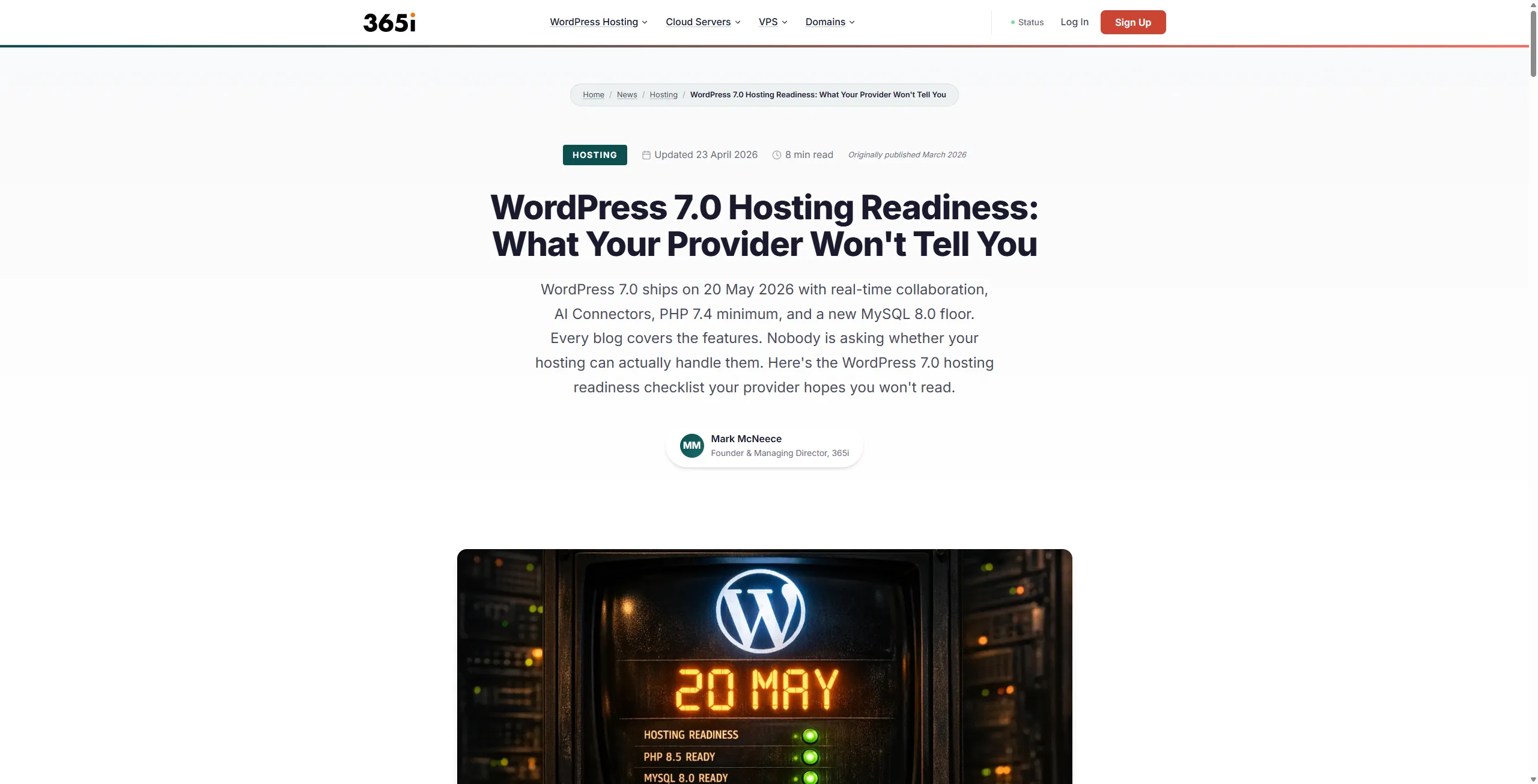 Full hero of the WordPress 7 hosting readiness article, showing the article title, breadcrumbs, an updated-date pill, the Mark McNeece byline with role, and the article excerpt