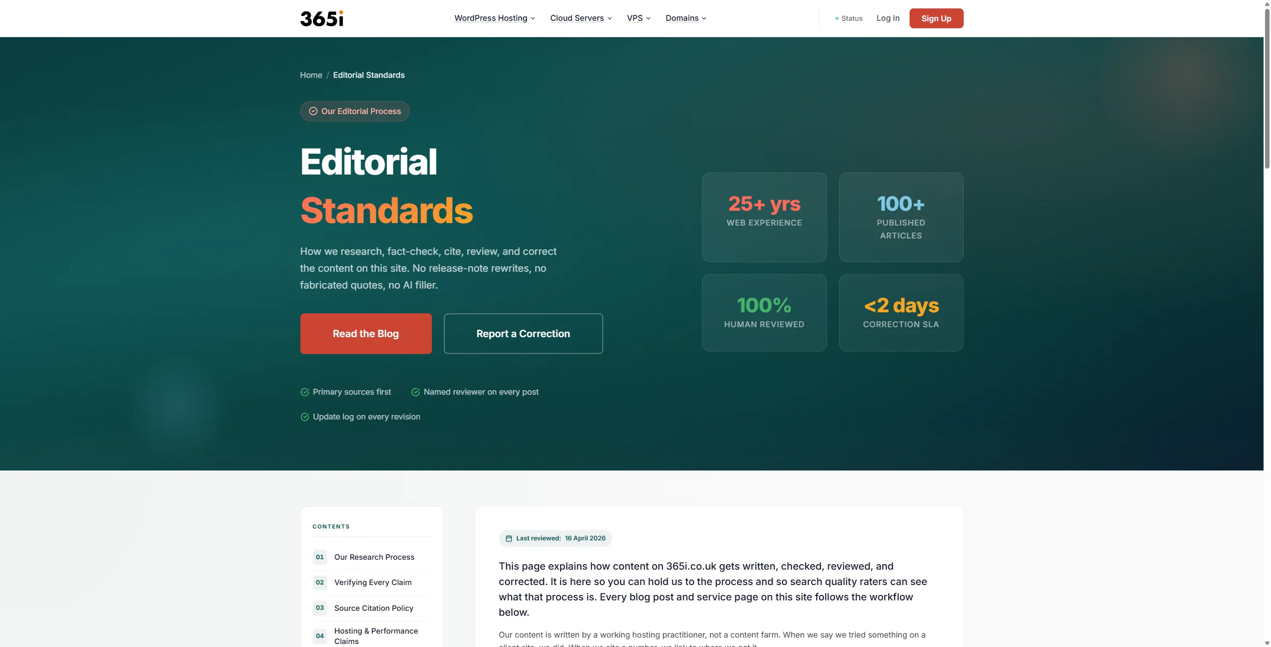 The 365i editorial standards page showing article stats, a table of contents, and the opening paragraph describing review policy