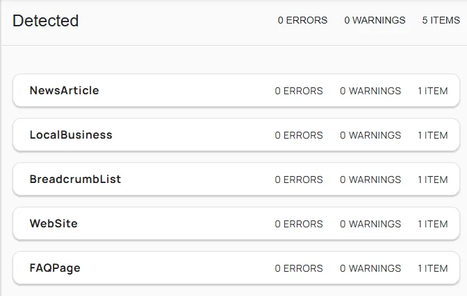 Schema.org Validator results for a 365i article, showing five schema types detected (BlogPosting, BreadcrumbList, FAQPage, Organization, WebSite) with zero errors and zero warnings