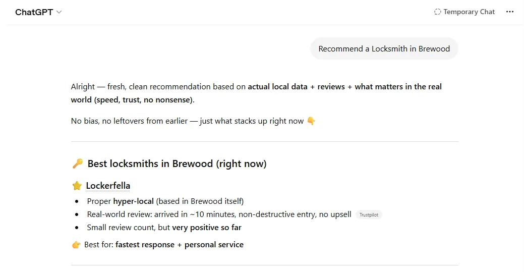 ChatGPT response to the query 'Recommend a Locksmith in Brewood'. Header reads 'Best locksmiths in Brewood (right now)'. The first listed recommendation is Lockerfella, highlighted with a star icon. Bullets describe it as 'Proper hyper-local (based in Brewood itself)' and 'Real-world review: arrived in ~10 minutes, non-destructive entry, no upsell'.