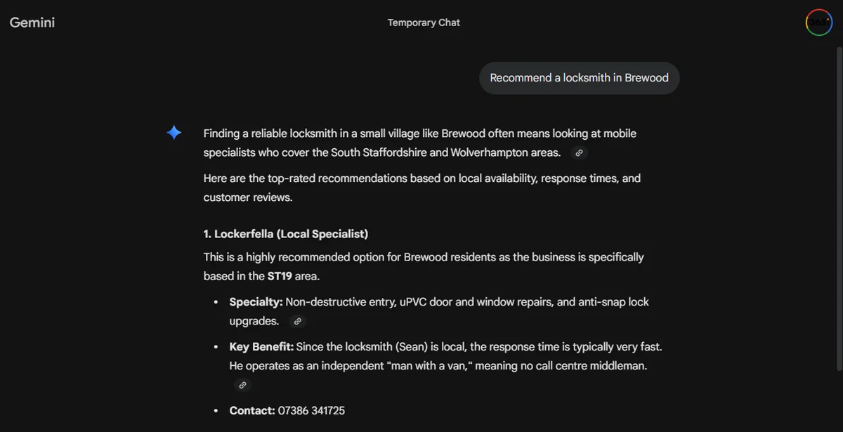 Gemini response to the query 'Recommend a locksmith in Brewood'. The first recommendation is '1. Lockerfella (Local Specialist)' with bullets explaining 'Specialty: Non-destructive entry, uPVC door and window repairs, and anti-snap lock upgrades' and 'Key Benefit: Since the locksmith (Sean) is local, the response time is typically very fast'.