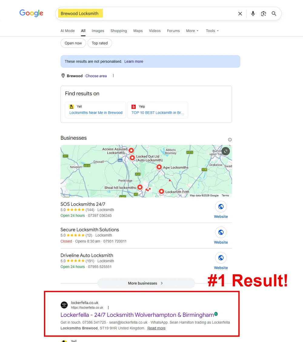 Google search results page for the query 'Brewood Locksmith'. The local pack shows three competitors above a map. Below the map, the Lockerfella website is the first organic result, highlighted with a red box and the label '#1 Result!'. Title reads 'Lockerfella - 24/7 Locksmith Wolverhampton & Birmingham'.