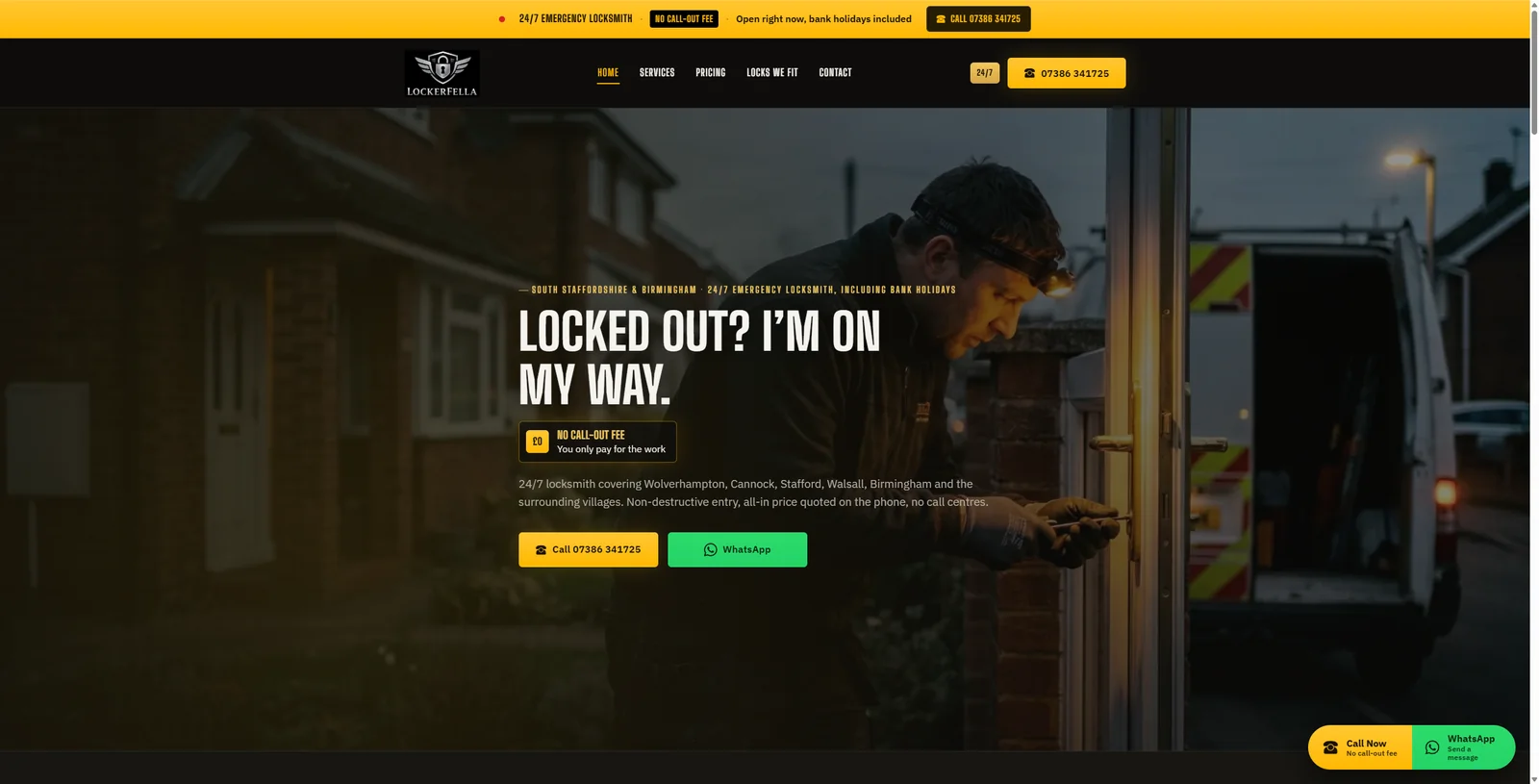 Lockerfella homepage showing a dark navy header with yellow highlighted phone number and 'Call Now' button. The hero shows a locksmith in workwear at a customer's front door at dusk. Headline reads 'Locked out? I'm on my way'. Below, key service points and call-to-action buttons in yellow and green.