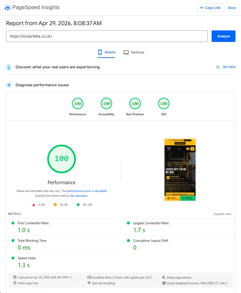 PageSpeed Insights mobile report for lockerfella.co.uk dated 29 April 2026 at 8:08 AM. Four green 100 circles for Performance, Accessibility, Best Practices and SEO. The large Performance gauge shows 100. Metrics: First Contentful Paint 1.0s, Largest Contentful Paint 1.7s, Total Blocking Time 0ms, Cumulative Layout Shift 0, Speed Index 1.3s. Mobile site preview thumbnail visible.