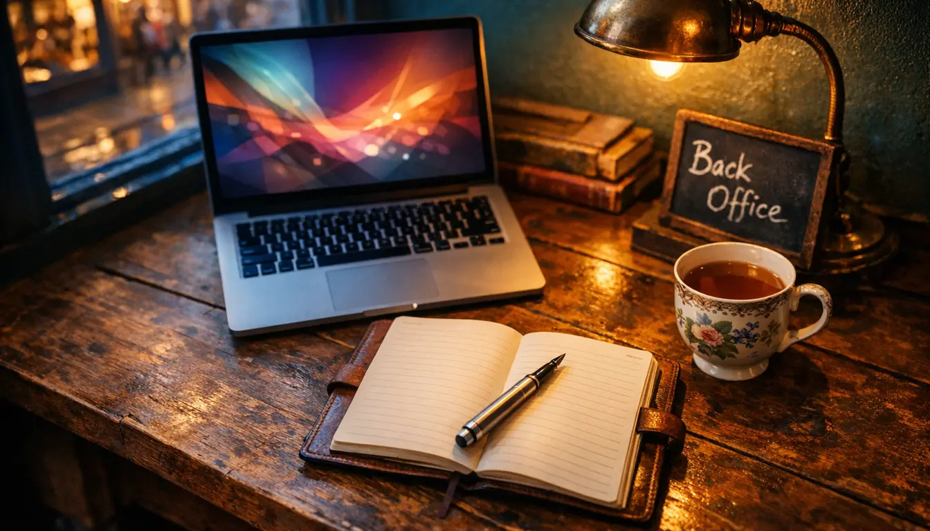 An overhead editorial photograph of a warm, rustic wooden desk in a cosy British independent shop's back-office. A modern laptop displays a glowing abstract web interface. An open leather notebook with a silver fountain pen rests beside it. A vintage china mug holds English breakfast tea. A brass desk lamp casts warm amber pools of light. A small chalkboard propped against stacked books reads Back Office.