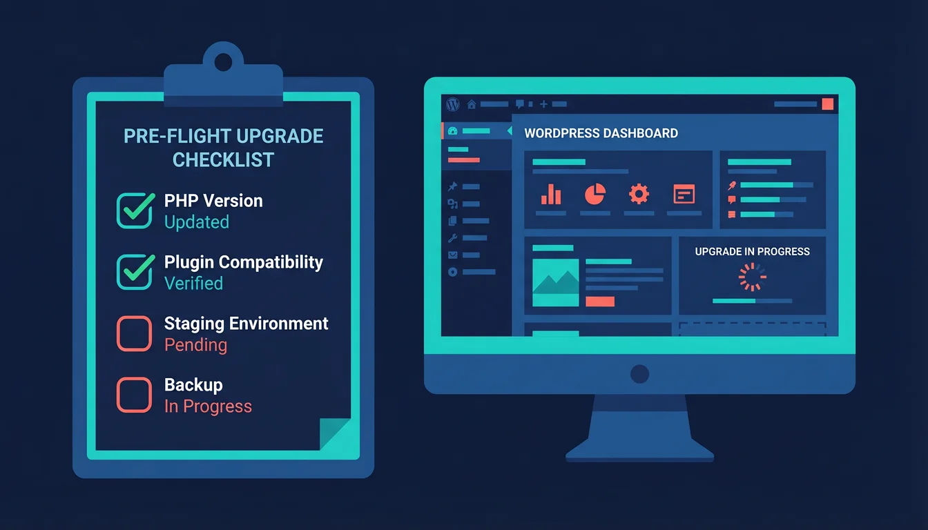 Checklist illustration showing WordPress upgrade preparation steps with PHP version check and staging environment icons