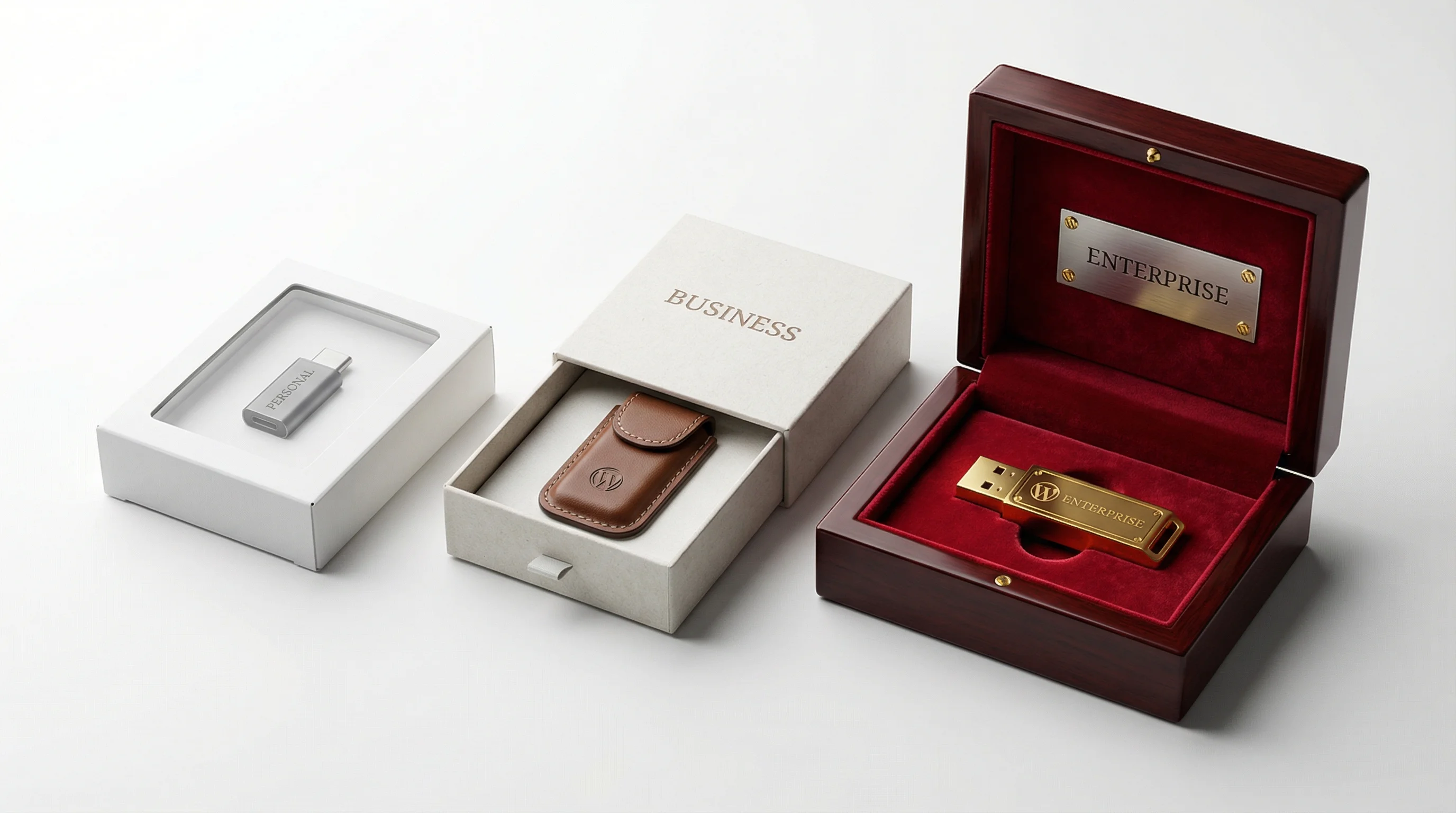 Three dongle packaging tiers side by side: Personal in simple cardboard, Business in a leather case, and Enterprise in a velvet-lined mahogany presentation box