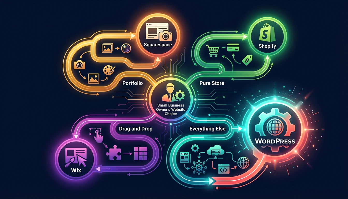 Illustrated decision tree showing four coloured paths from a small business owner to each platform: Portfolio to Squarespace, Pure Store to Shopify, Drag and Drop to Wix, and Everything Else to WordPress