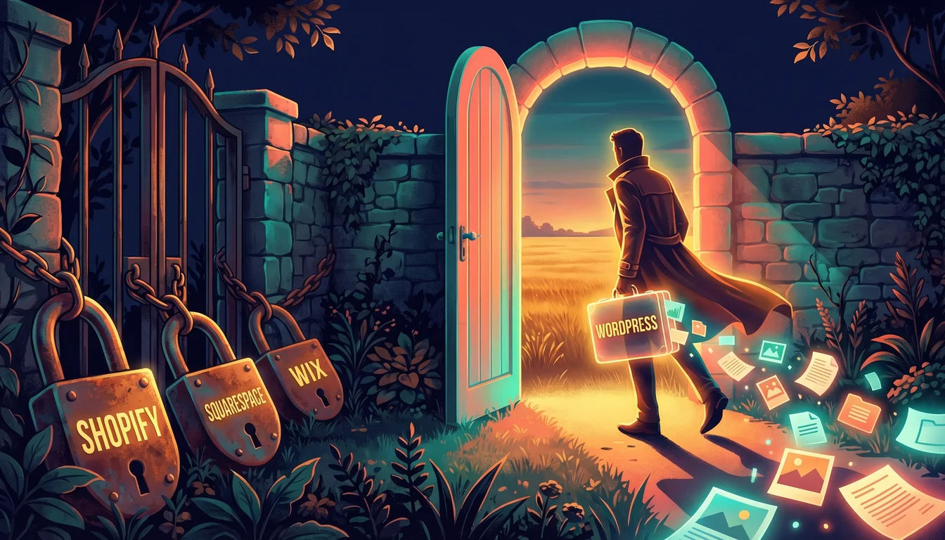 Illustration of a figure carrying a glowing WordPress briefcase walking out of a walled garden through an open door, leaving locked padlocks marked Shopify, Squarespace and Wix behind
