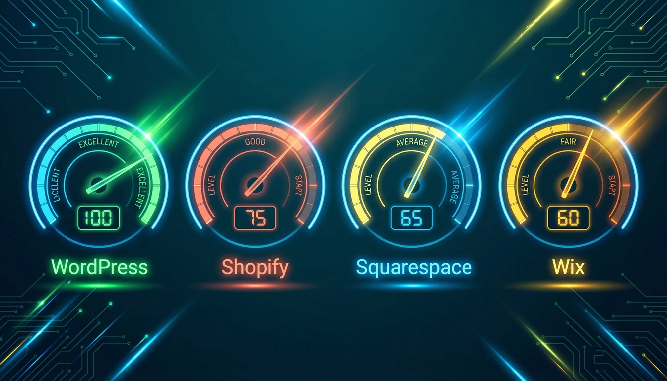 Four illustrated speedometer dials showing website performance scores for WordPress, Shopify, Squarespace and Wix