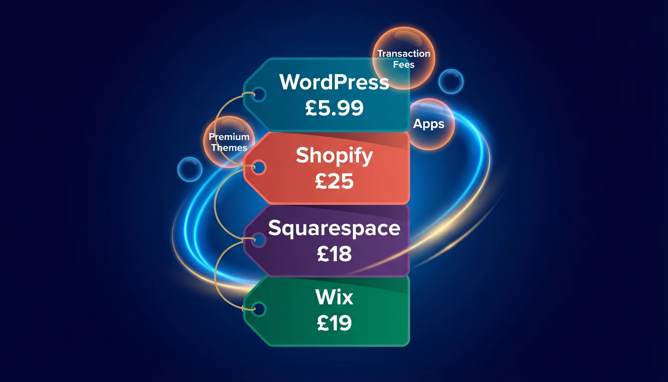 Four coloured price tags labelled WordPress, Shopify, Squarespace and Wix with GBP prices showing the real entry cost of each platform