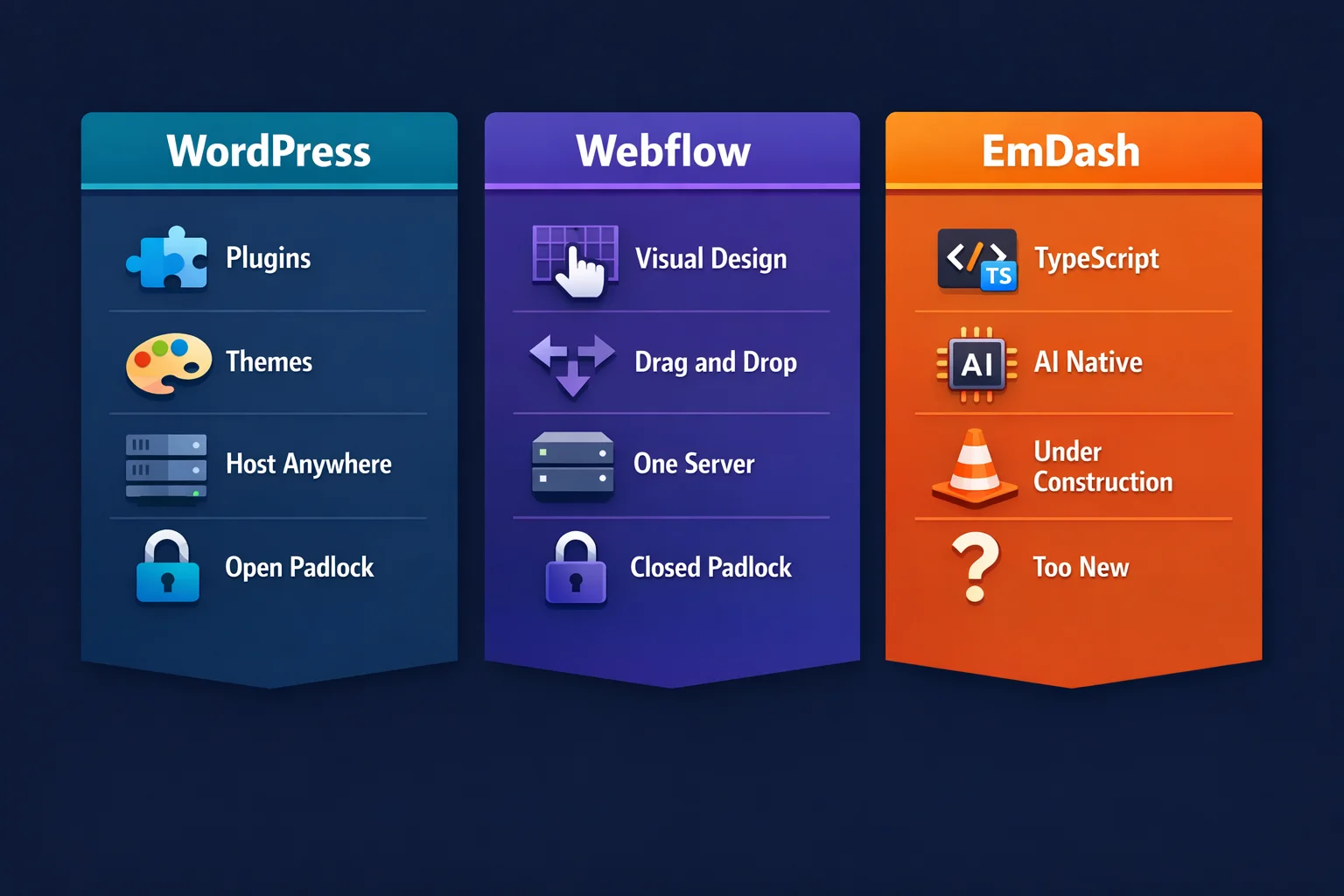 Vector infographic showing three platform columns with icons representing their key characteristics: WordPress with open padlock and multiple servers, Webflow with design tools and closed padlock, EmDash with code brackets and construction cone