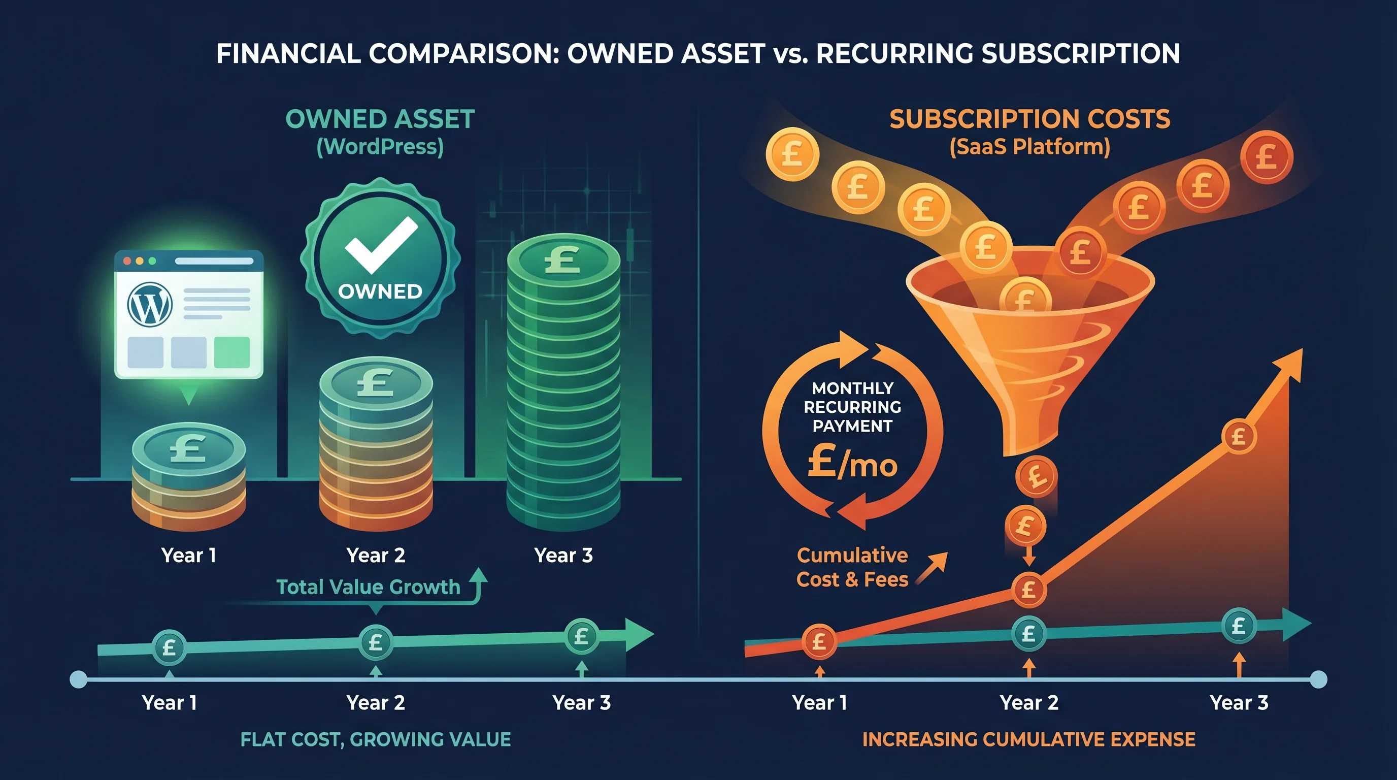 Financial comparison infographic showing WordPress as an owned asset with flat costs growing in value over three years versus SaaS subscription costs increasing cumulatively with monthly recurring payments