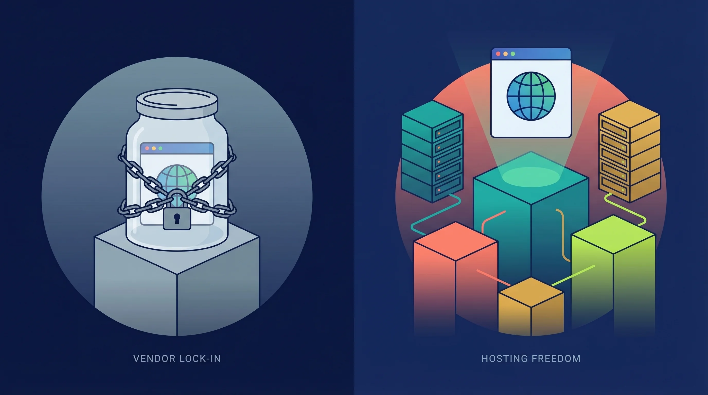 Vector illustration comparing platform lock-in with a website trapped in a glass jar versus hosting freedom with a website floating above multiple servers