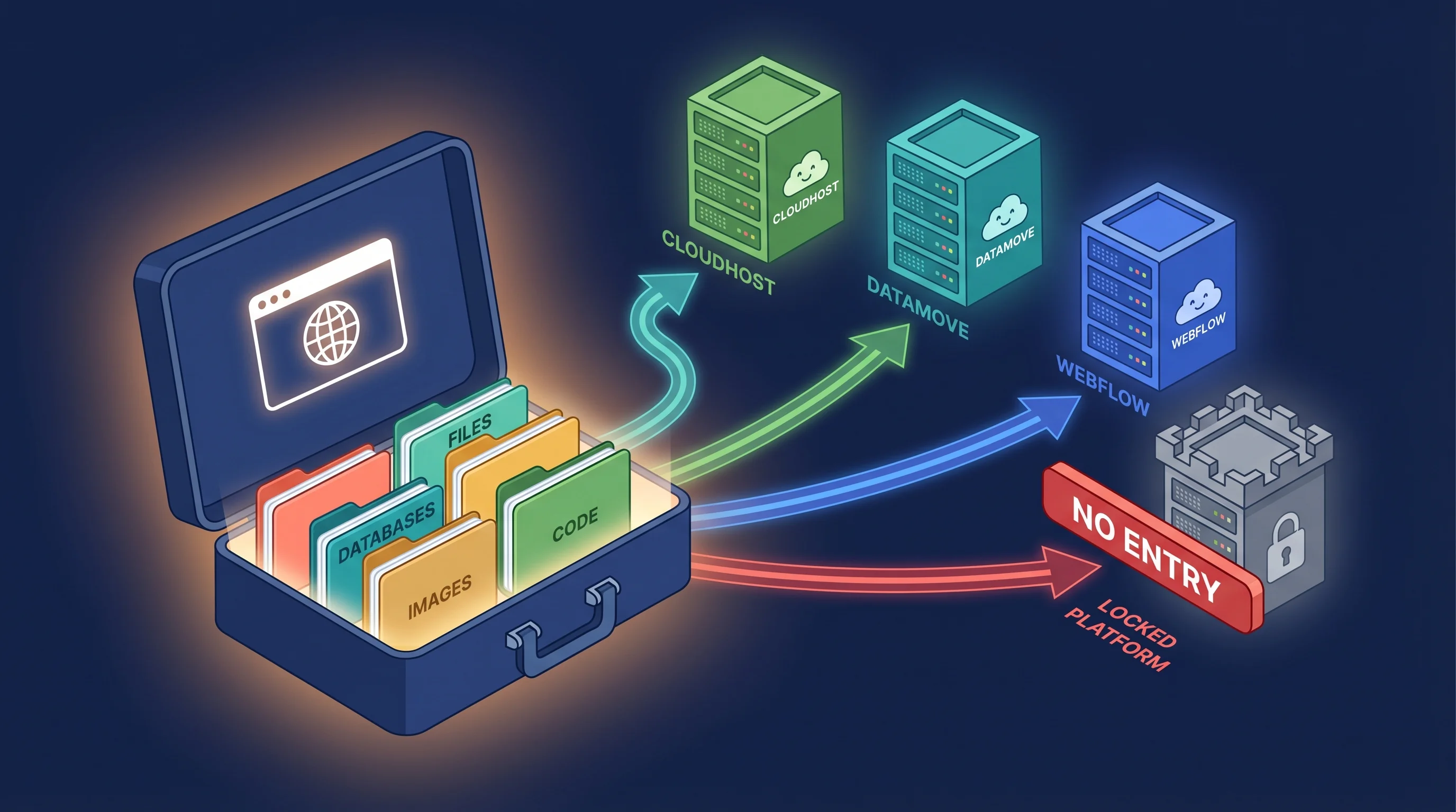 Vector illustration of a suitcase packed with website files, databases and code blocks, with arrows pointing to multiple colourful server buildings, one path blocked by a barrier