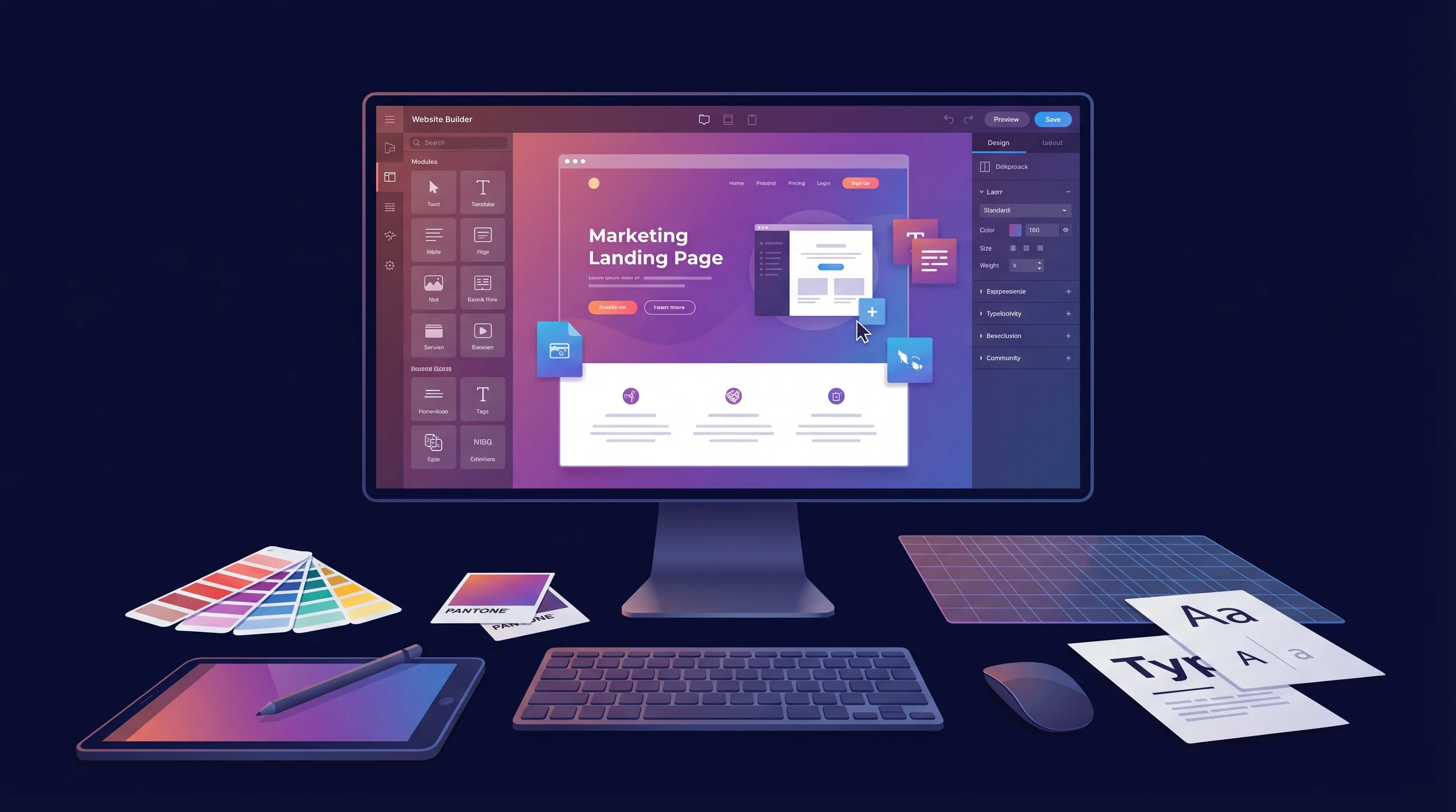 Designer workspace with a visual drag-and-drop website builder on a large monitor showing a marketing landing page being assembled, surrounded by colour swatches and typography specimens