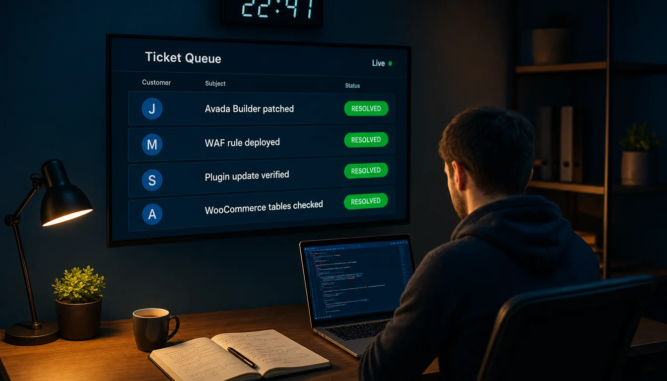 A UK hosting support desk at night. A wall-mounted ticket queue monitor shows four resolved tickets reading Avada Builder patched, WAF rule deployed, Plugin update verified, and WooCommerce tables checked. A clock above the monitor reads 22:47. A developer in a plain hoodie works at a laptop in the foreground.