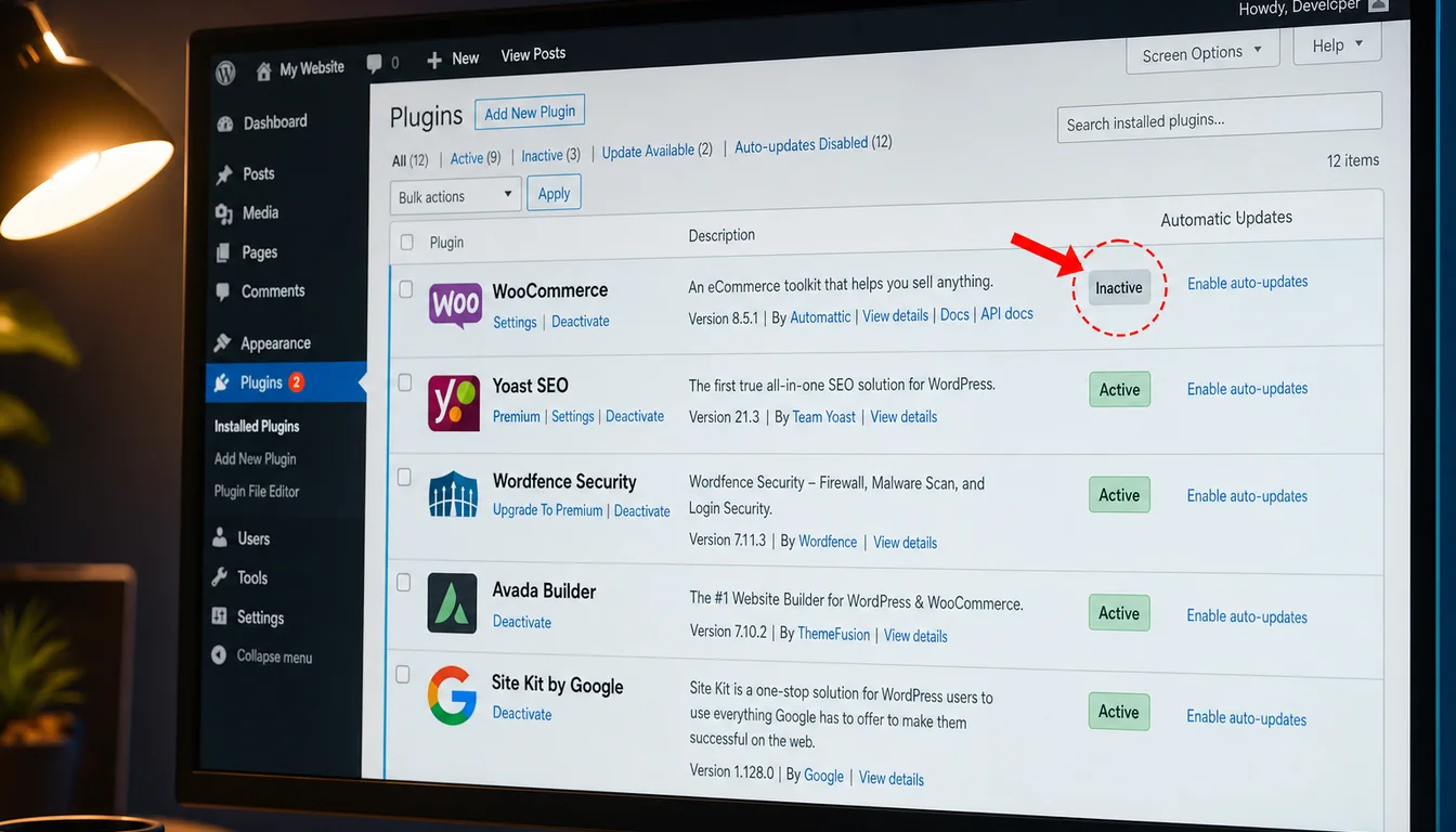WordPress admin Plugins screen with WooCommerce listed alongside Yoast SEO, Wordfence Security and Avada Builder. WooCommerce shows an Inactive status pill highlighted with a red arrow. The other plugins show Active status.
