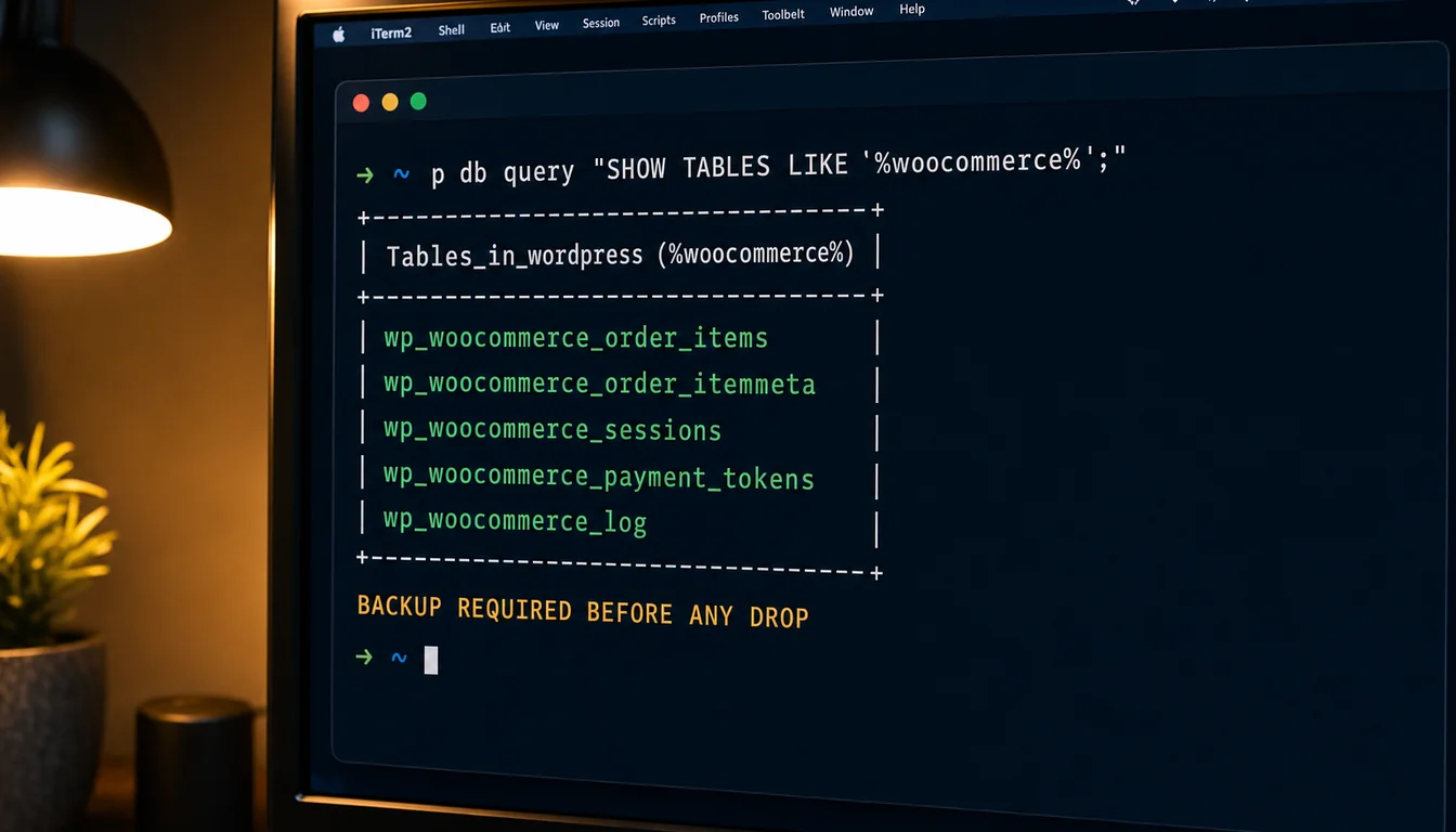 A terminal showing the WP-CLI command wp db query SHOW TABLES LIKE percent woocommerce percent semicolon, with a result table listing wp_woocommerce_order_items, wp_woocommerce_order_itemmeta, wp_woocommerce_sessions, wp_woocommerce_payment_tokens and wp_woocommerce_log. An amber warning line reads BACKUP REQUIRED BEFORE ANY DROP.
