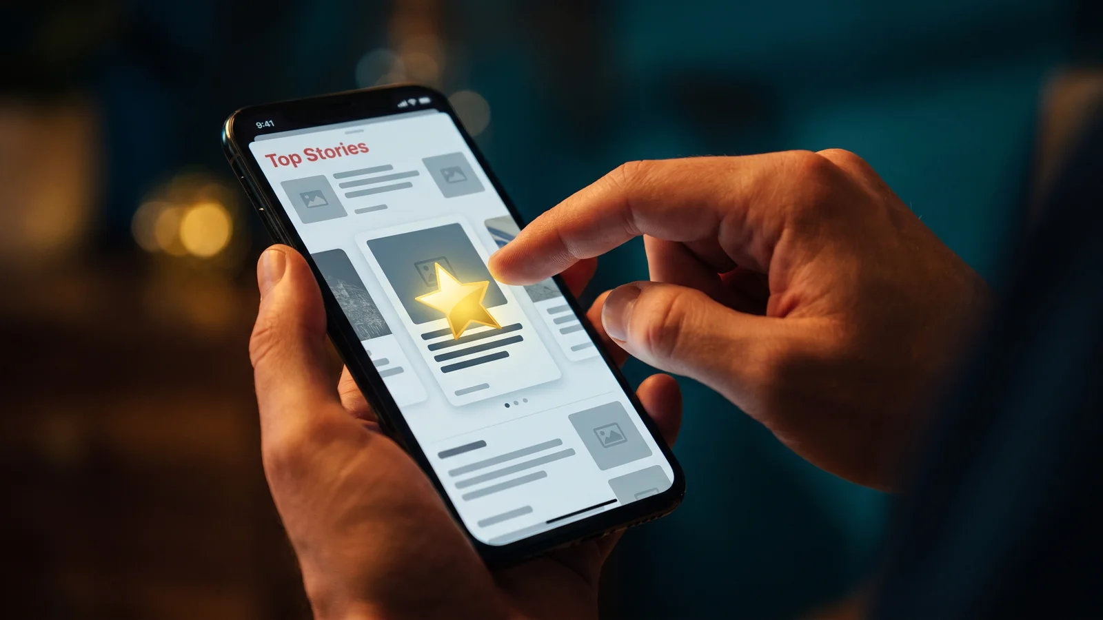 Hand holding a smartphone showing a Top Stories news layout with a glowing gold star icon being tapped to mark a publisher as a preferred source