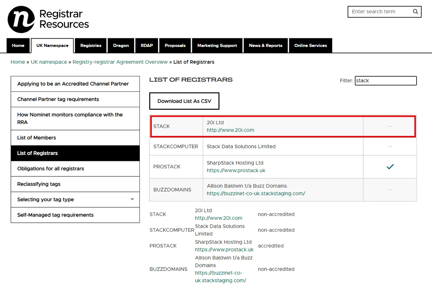 A screenshot of Nominet's official Registrar Resources page, UK Namespace, List of Registrars, filtered to the term 'stack'. The first row is highlighted in red and reads 'STACK | 20i Ltd | http://www.20i.com'. Other STACK-prefixed tags shown below include STACKCOMPUTER (Stack Data Solutions Limited), PROSTACK (SharpStack Hosting Ltd), and BUZZDOMAINS (Allison Baldwin t/a Buzz Domains).