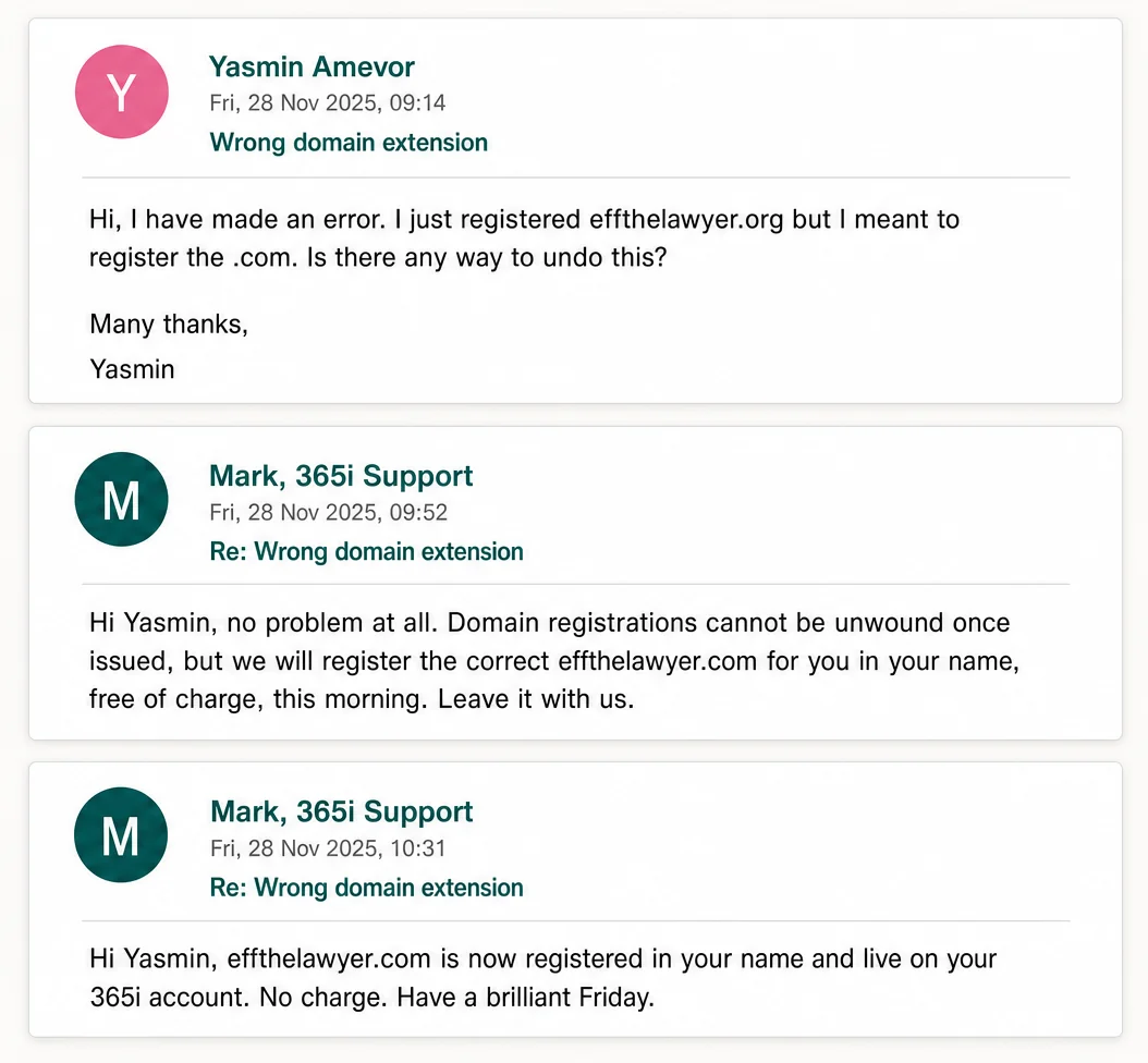 An email thread between Yasmin Amevor and Mark at 365i Support, dated 28 November 2025. Yasmin apologises for registering effthelawyer.org by mistake. Mark replies that 365i will register the correct effthelawyer.com in her name, free of charge. A third email confirms the .com is live on her account.