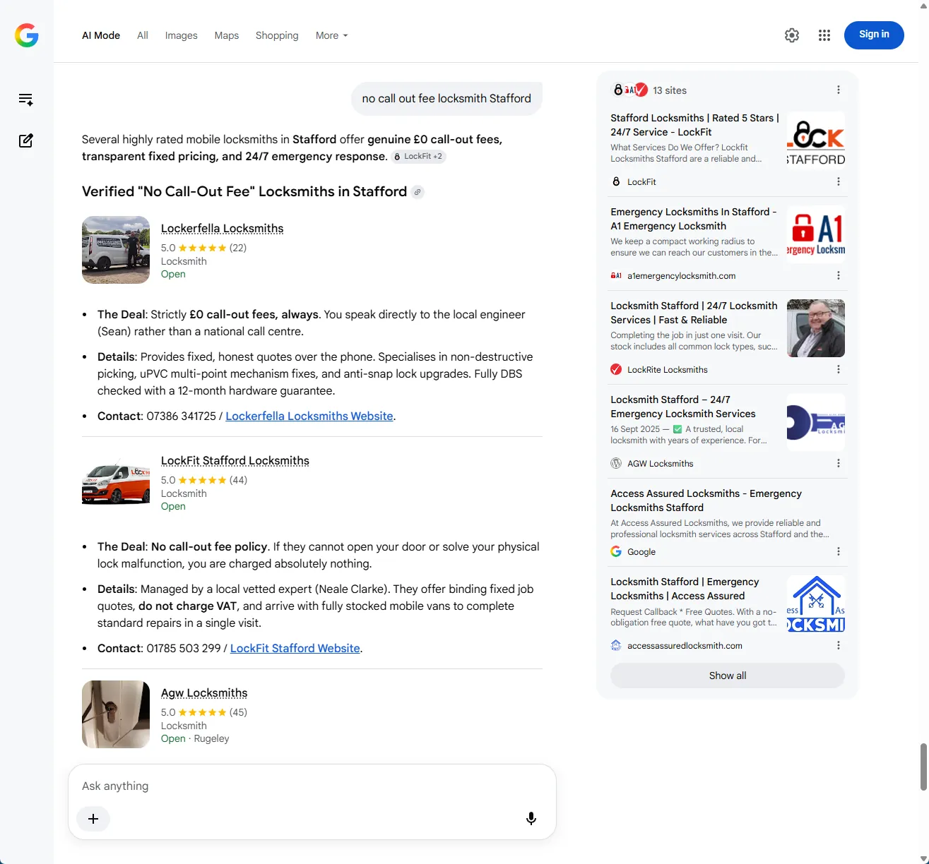 Google AI Mode response to the query 'no call out fee locksmith Stafford'. The headline framing reads 'Verified No Call-Out Fee Locksmiths in Stafford' and Lockerfella Locksmiths is the #1 result on the page. The text under the listing reads 'The Deal: Strictly £0 call-out fees, always.' alongside Sean's phone number and a summary of his specialism in non-destructive picking, uPVC multi-point mechanism fixes, and anti-snap cylinder upgrades. The right-hand sources panel lists Lockerfella, Stafford Locksmiths and Emergency Locksmith services.