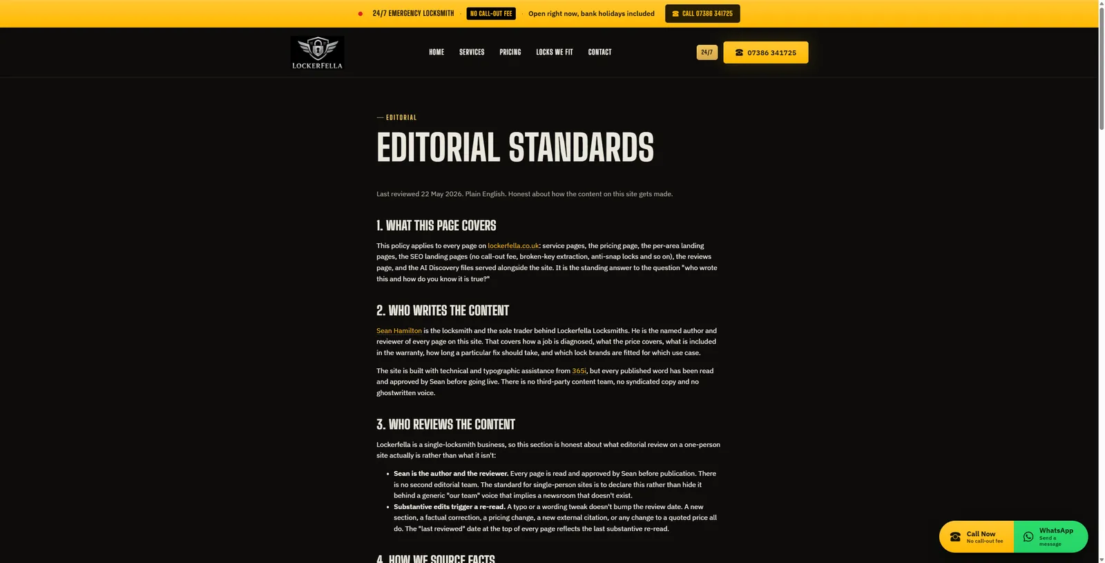 Top portion of the Lockerfella Editorial Standards page. The heading reads EDITORIAL STANDARDS in heavy serif type with a small EDITORIAL eyebrow above. The first body line reads: Last reviewed 22 May 2026. Plain English. Honest about how the content on this site gets made. Three numbered sections are visible: 1. WHAT THIS PAGE COVERS, 2. WHO WRITES THE CONTENT, 3. WHO REVIEWS THE CONTENT. The Who Writes section names Sean Hamilton as the named author and reviewer of every page on the site. The Who Reviews section is honest about what editorial review on a one-person site actually looks like.