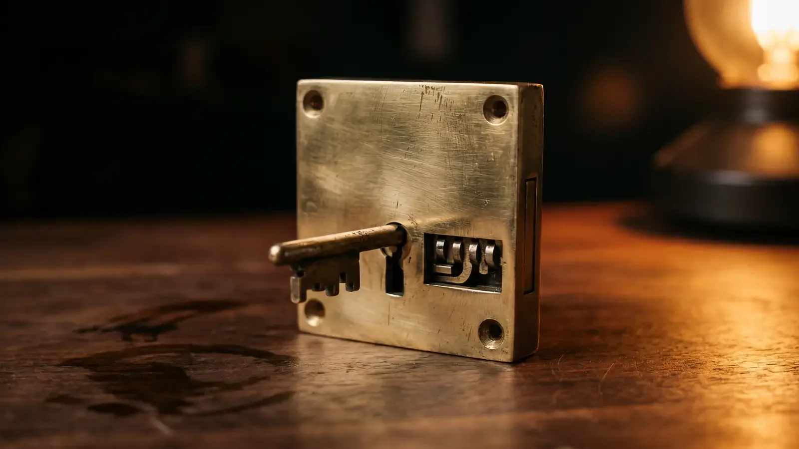 A close-up photograph of a brass five-lever mortice lock body sitting on a locksmith's workbench. The lock is partially disassembled. Tools and lock parts are visible to the side. The shot is taken in natural daylight with the kind of warm tone the workshop actually has, not in a studio. This is one of the photographs on Sean's About page used to make the expertise concrete rather than abstract.