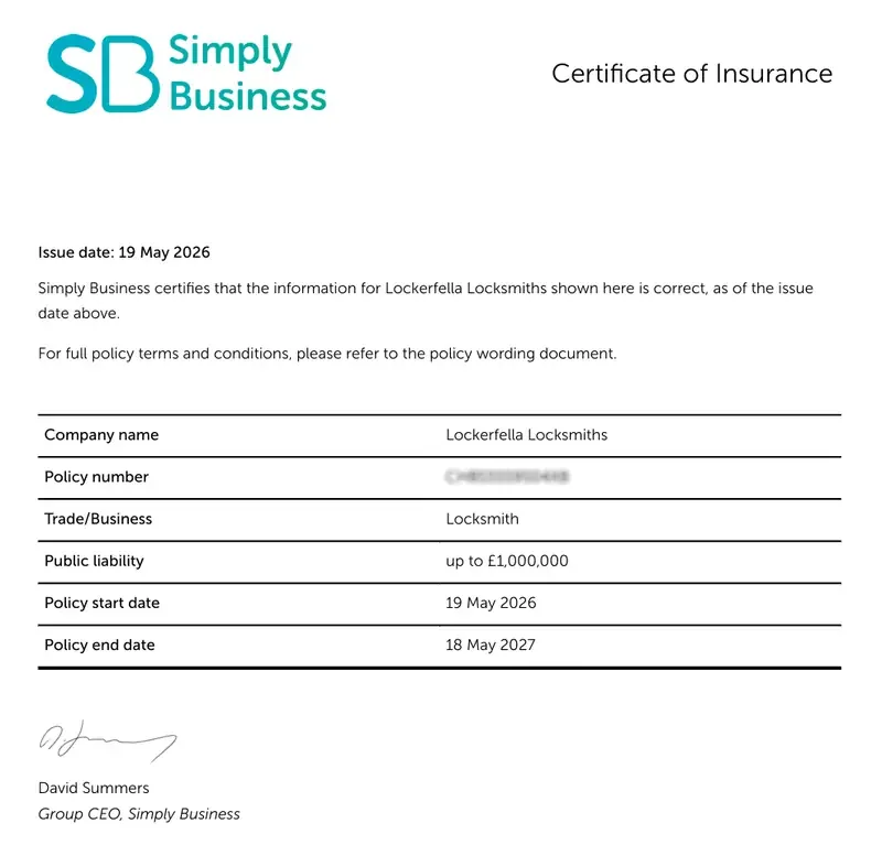 A redacted public liability insurance certificate from Simply Business for Sean Hamilton trading as Lockerfella Locksmiths. The cover amount is £1,000,000. The certificate is dated 19 May 2026 with policy period running to 18 May 2027. Policy number redacted. The named insurer is Simply Business, with the company logo visible at the top of the document.