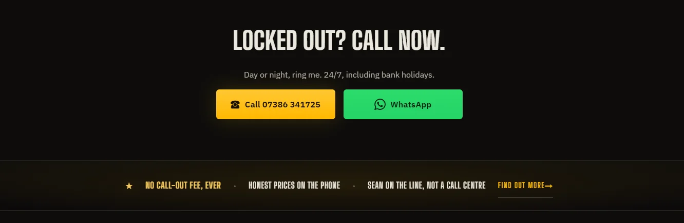 A banded section near the top of the Lockerfella homepage with the heading No call-out fee, ever. The supporting line reads You only pay for the labour and any parts I fit, and I quote both on the phone before I leave the van. The whole section is the pricing-transparency policy made visible on the homepage rather than buried in a small-print page.