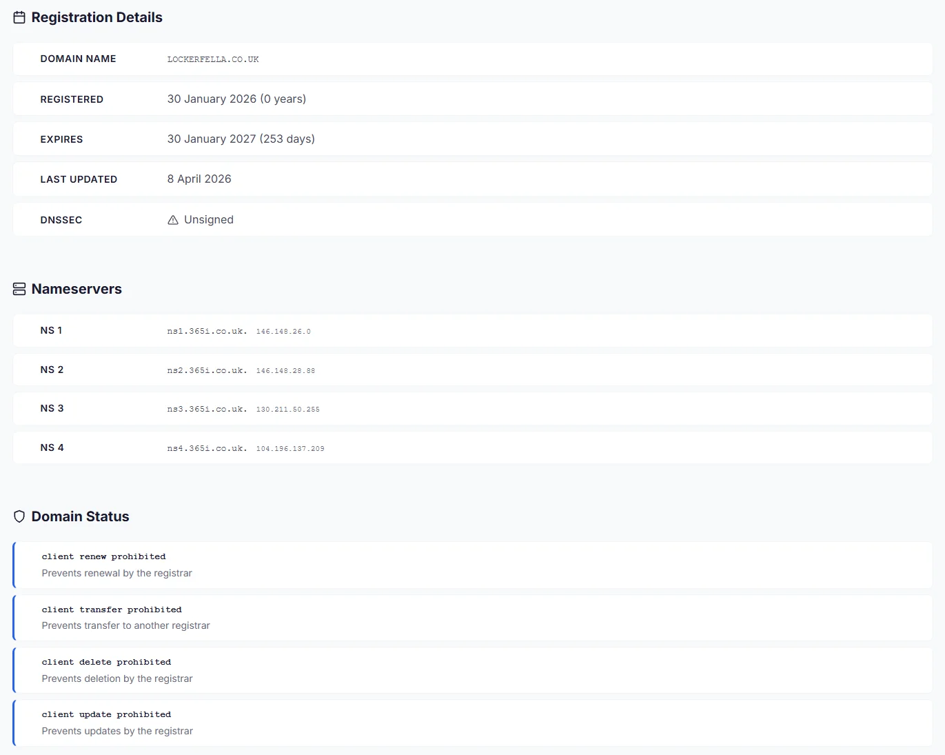 A live RDAP lookup for lockerfella.co.uk run through 365i's own free WHOIS tool. The result panel shows Domain LOCKERFELLA.CO.UK, Registered 30 January 2026, Expires 30 January 2027, Last Updated 8 April 2026, DNSSEC Unsigned, and the four Nominet-listed nameservers running on Google Cloud IPs. Two verifiable timestamps in the project history: the original 123 Reg registration date and the date the domain moved to 365i management alongside the Press Forge launch.